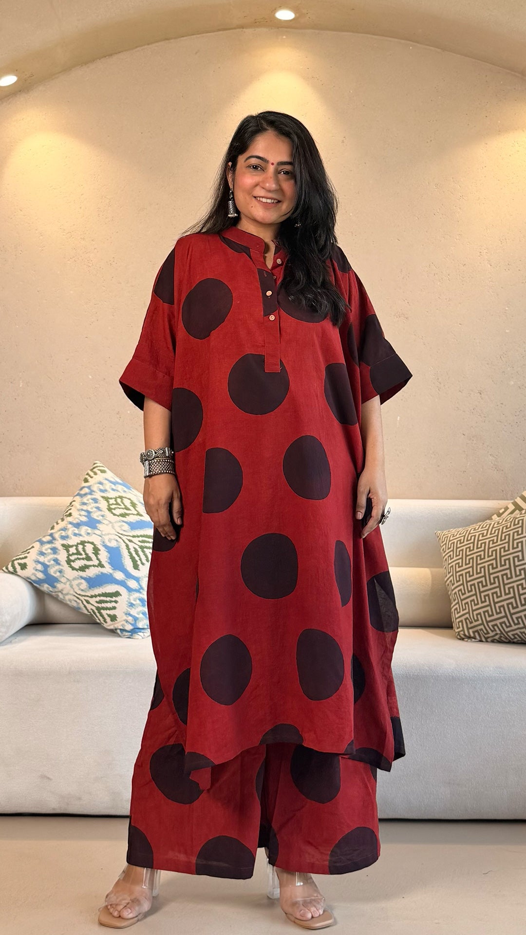 Red/Black Polka Ajrakh Cotton Kaftan Co-ord