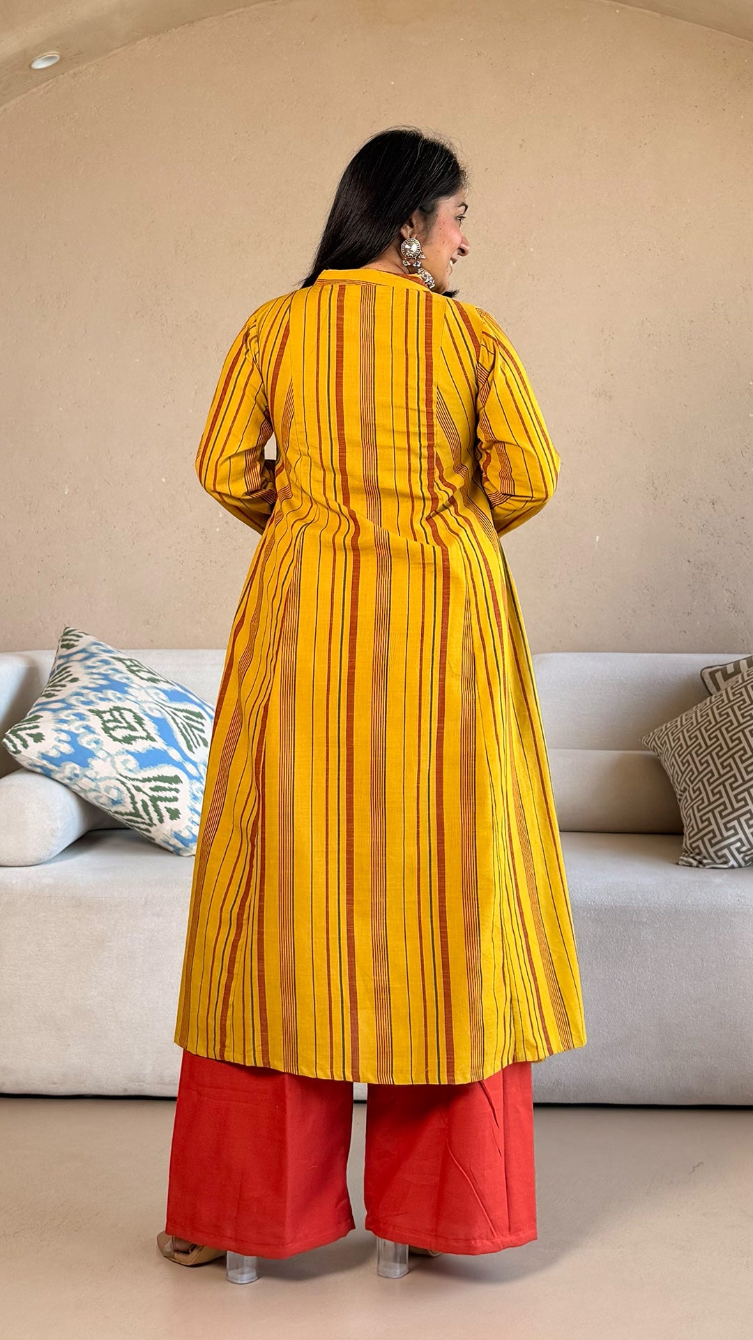 Nazreen Handwoven Stripes Cotton Kurta - Yellow/Rust
