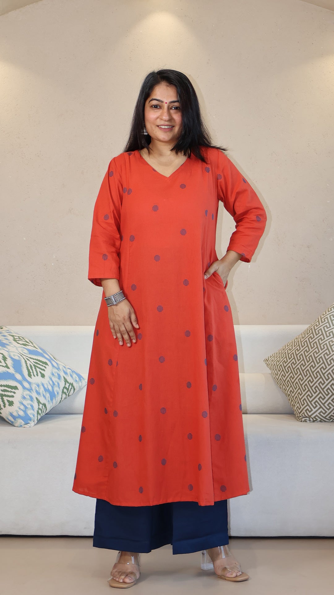 Orange Dots Motif Handwoven Cotton Kurta