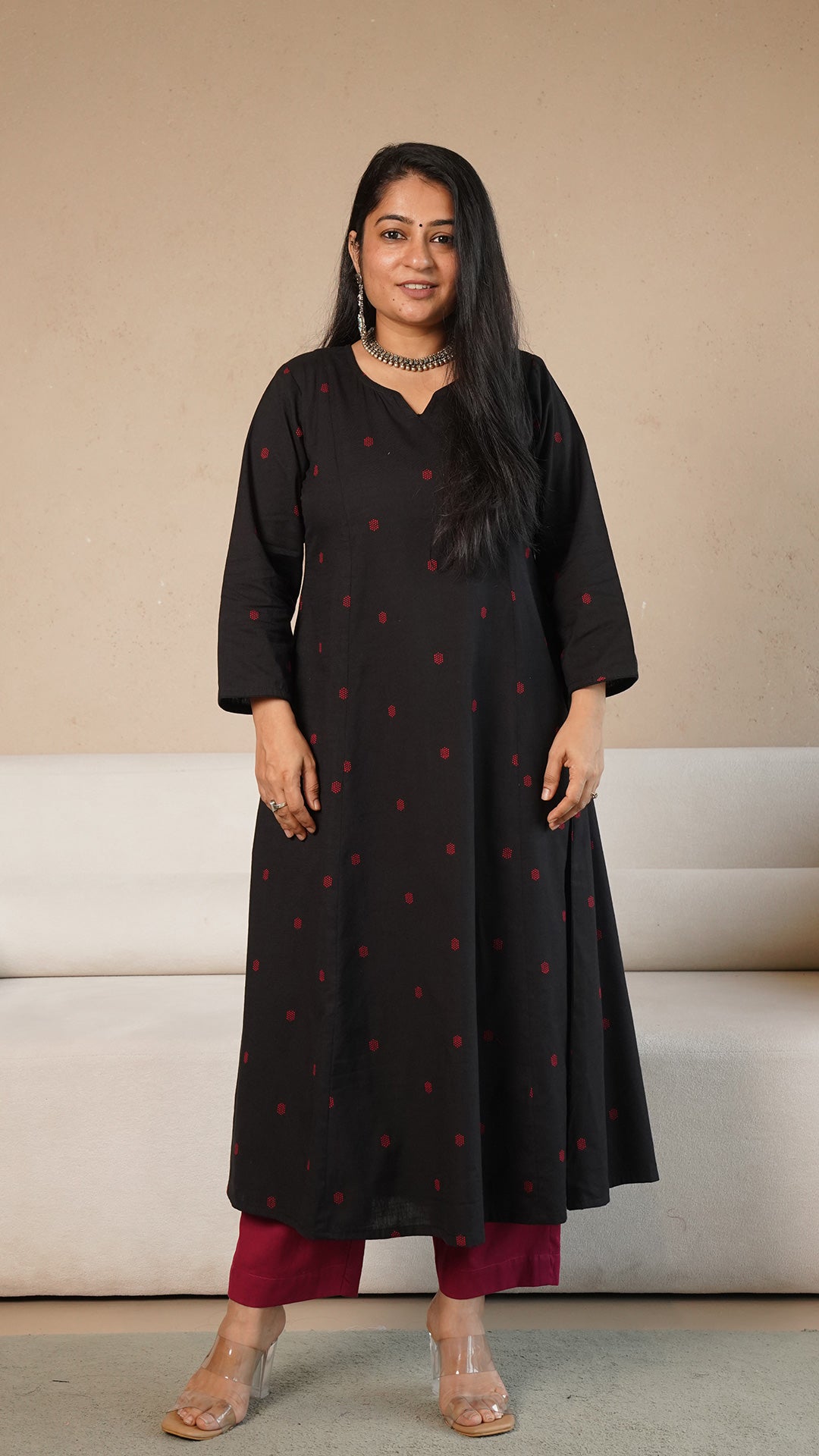 Tasneem Black & Red Hand Woven Kali Kurta