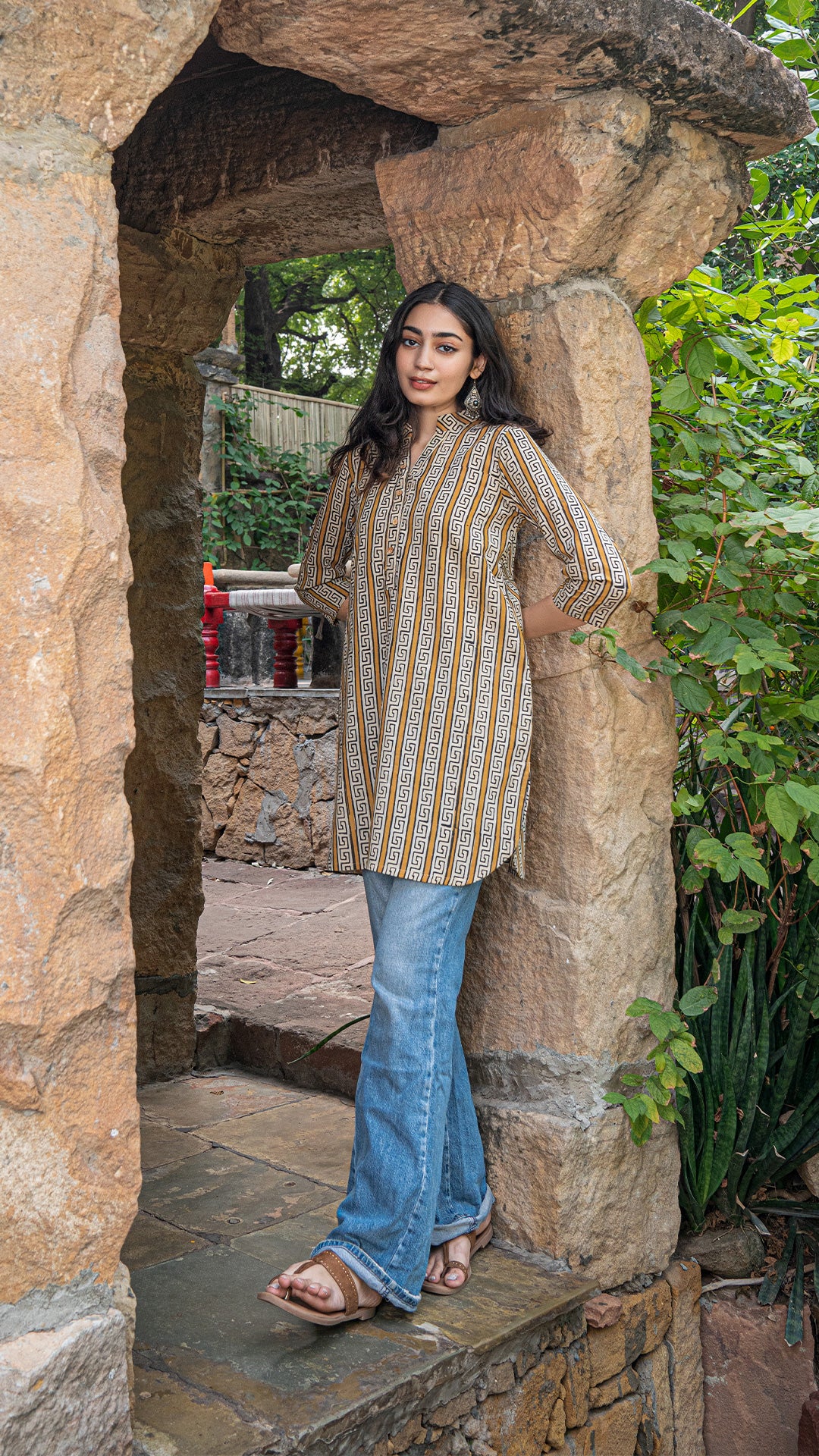 Rushali Bagru Hand Block Print Cotton Short Top - Mustard