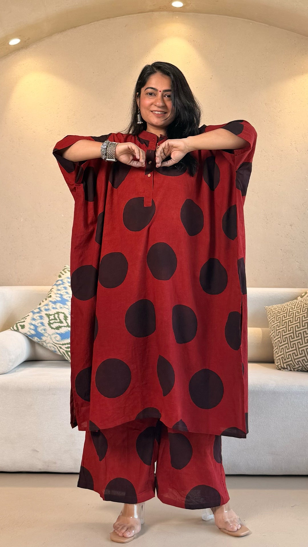 Red/Black Polka Ajrakh Cotton Kaftan Co-ord