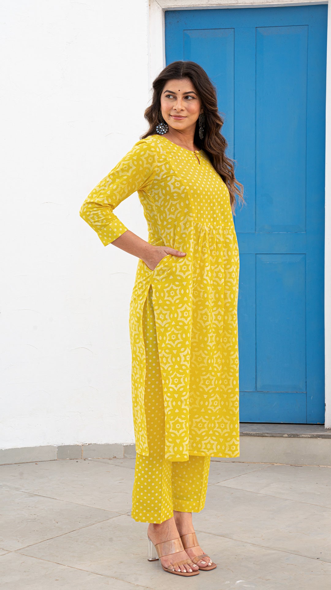 Anuja Yellow Dabu Kurta In Cotton