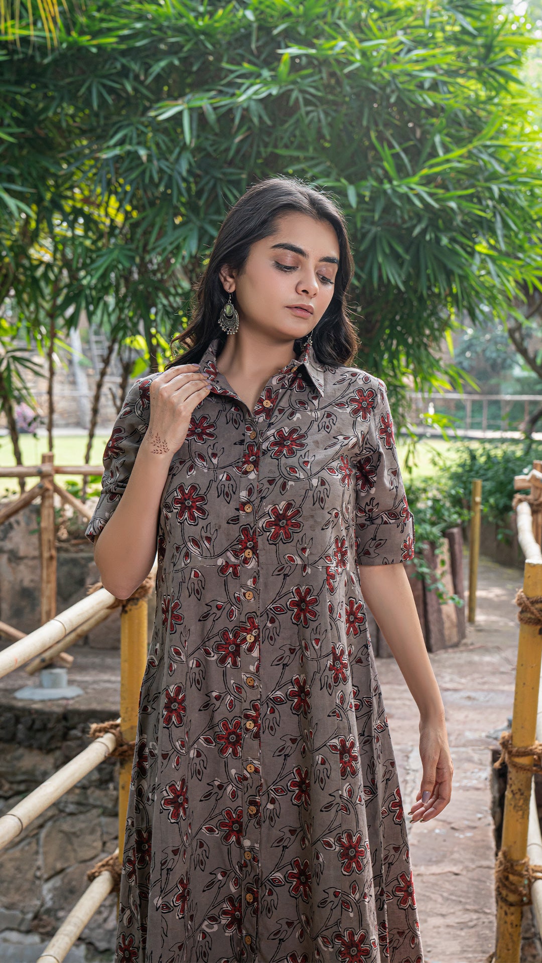 Anushka Jahota Hand Block Cotton Shirt Dress - Brown