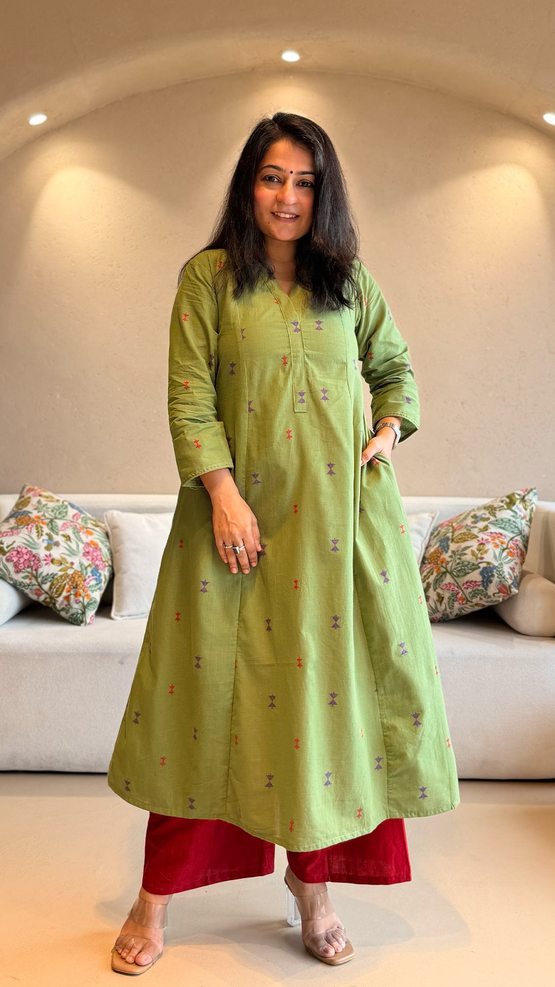 Mousam Hand Woven Kali Kurta In Cotton - Green