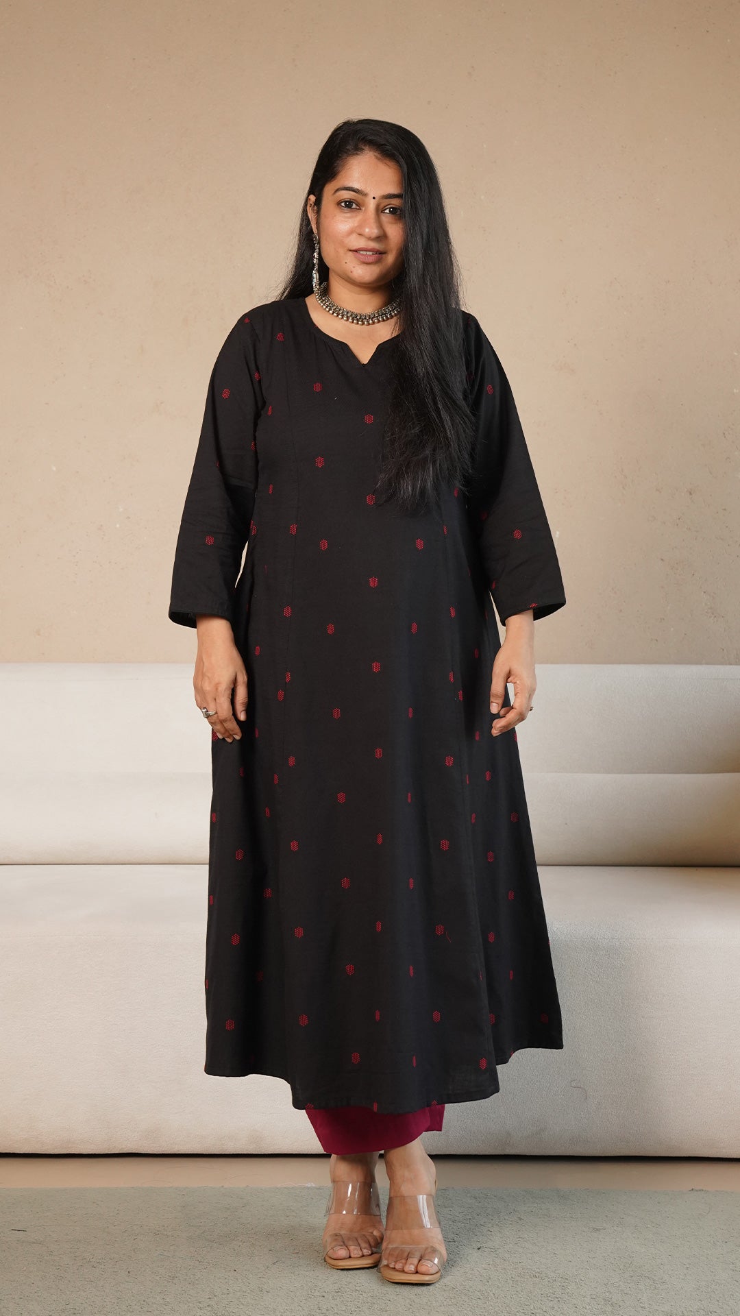 Tasneem Black & Red Hand Woven Kali Kurta