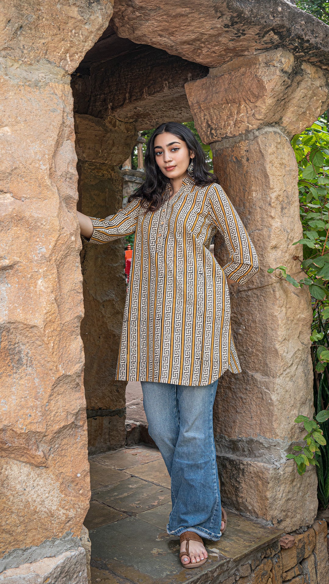 Rushali Bagru Hand Block Print Cotton Short Top - Mustard