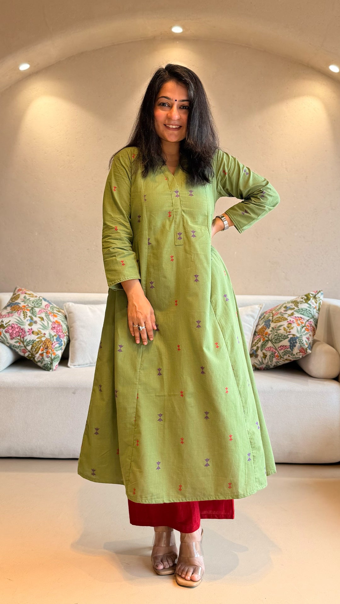 Mousam Hand Woven Kali Kurta In Cotton - Green