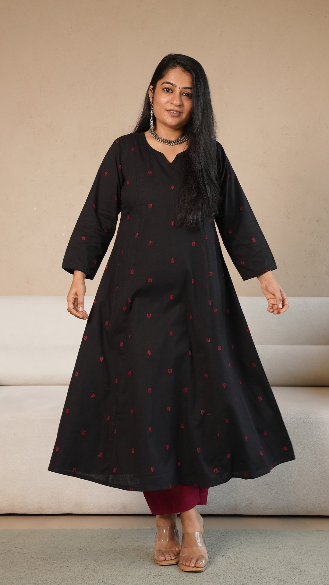 Tasneem Black & Red Hand Woven Kali Kurta