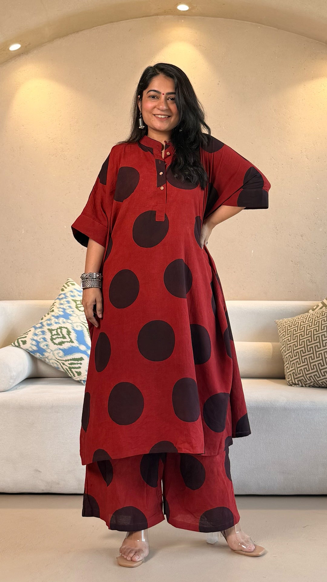 Red/Black Polka Ajrakh Cotton Kaftan Co-ord