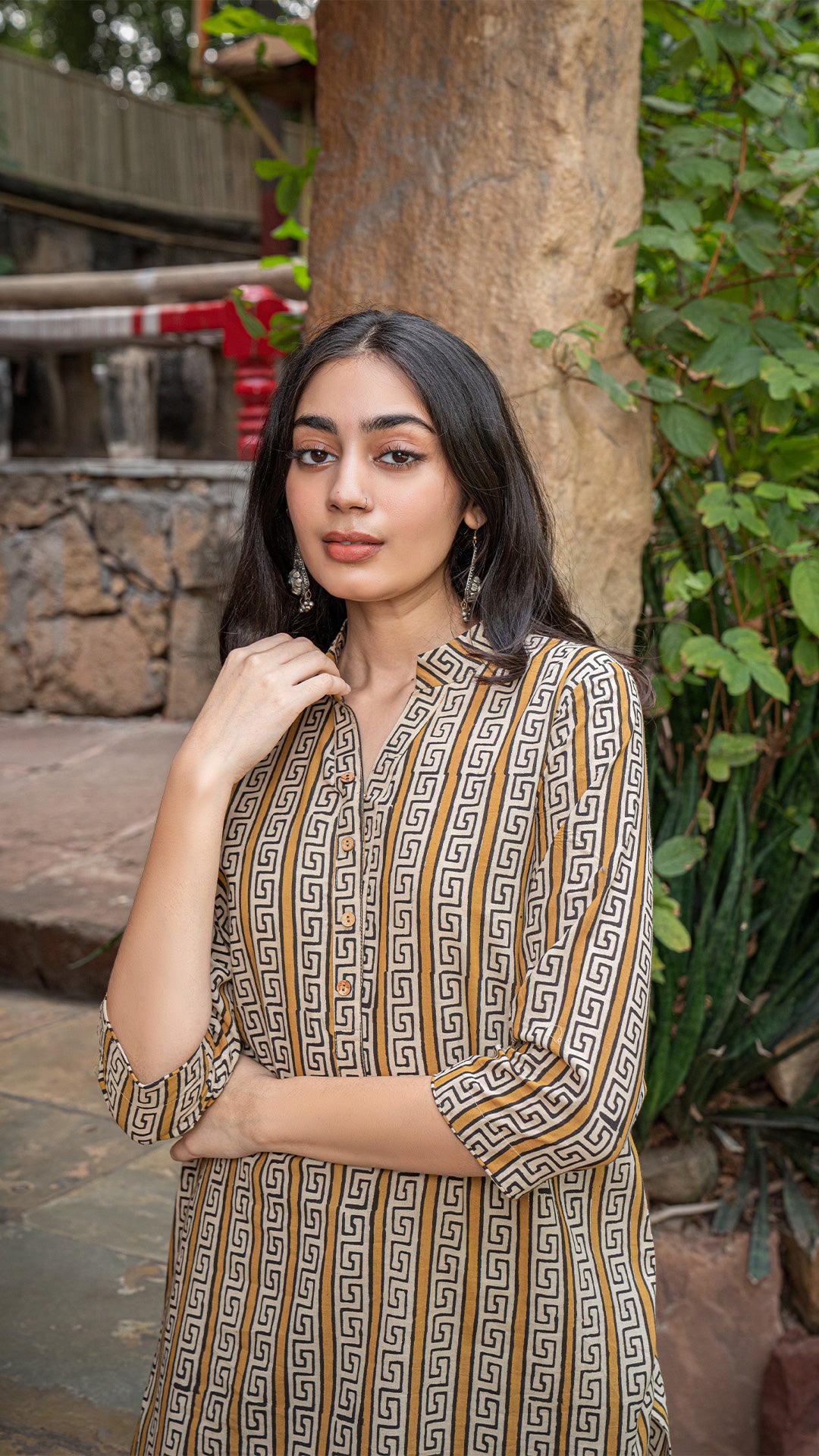 Rushali Bagru Hand Block Print Cotton Short Top - Mustard