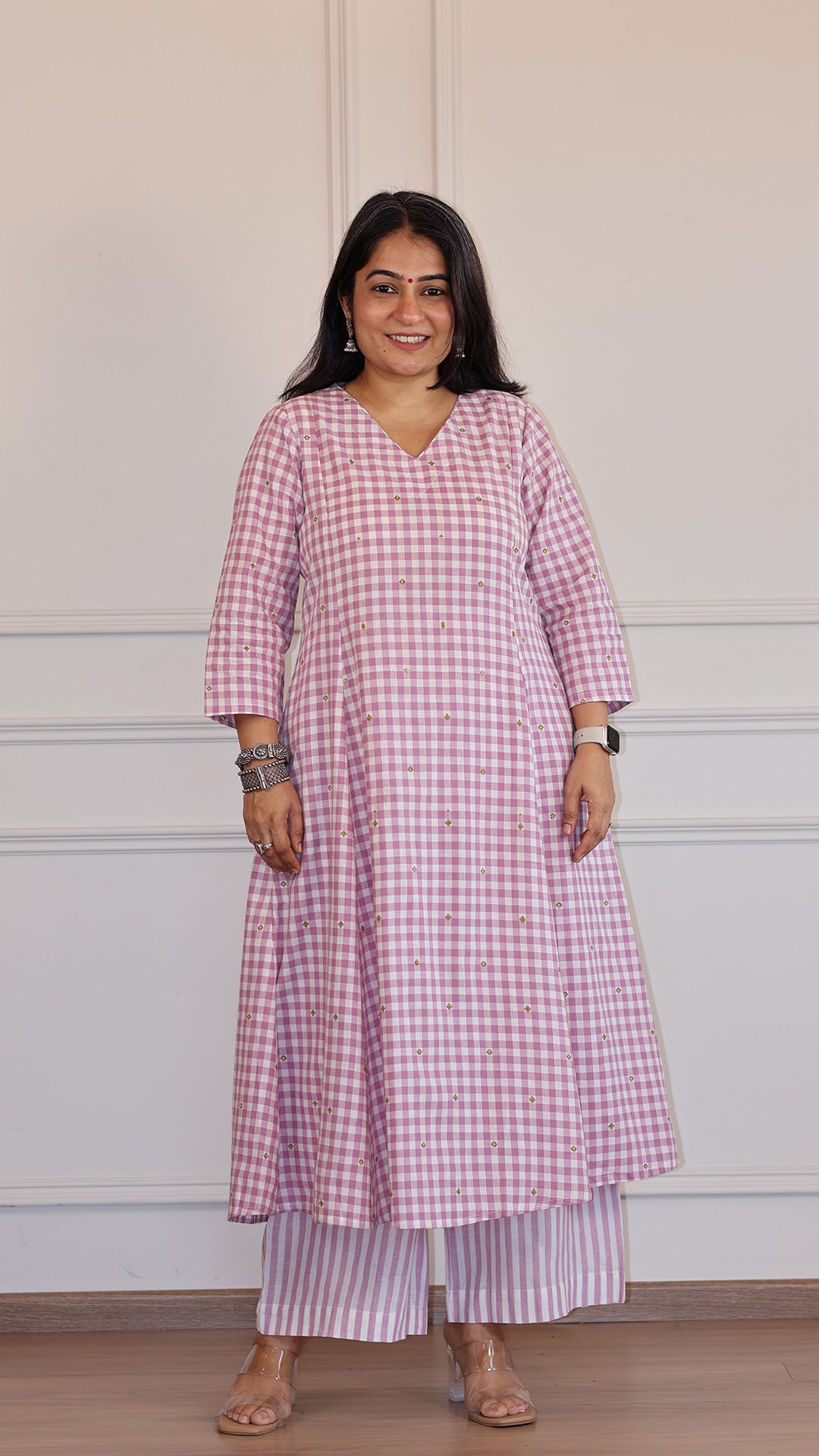 Checks and Stripes Handwoven Cotton Kurta - Lavender