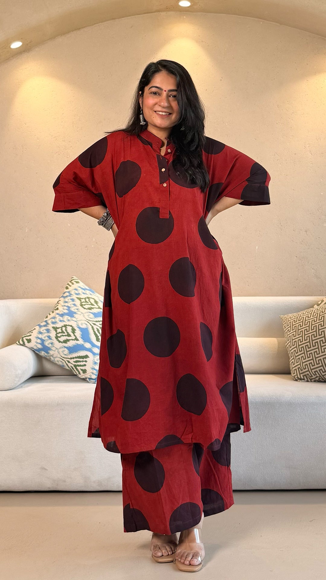 Red/Black Polka Ajrakh Cotton Kaftan Co-ord