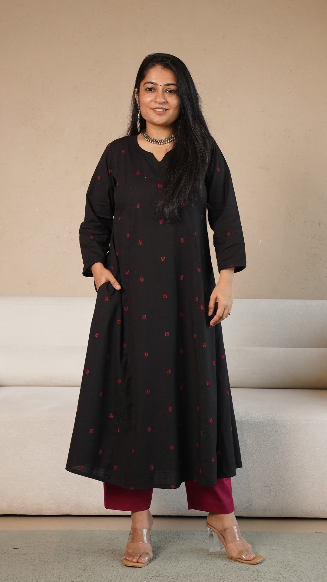 Tasneem Black & Red Hand Woven Kali Kurta