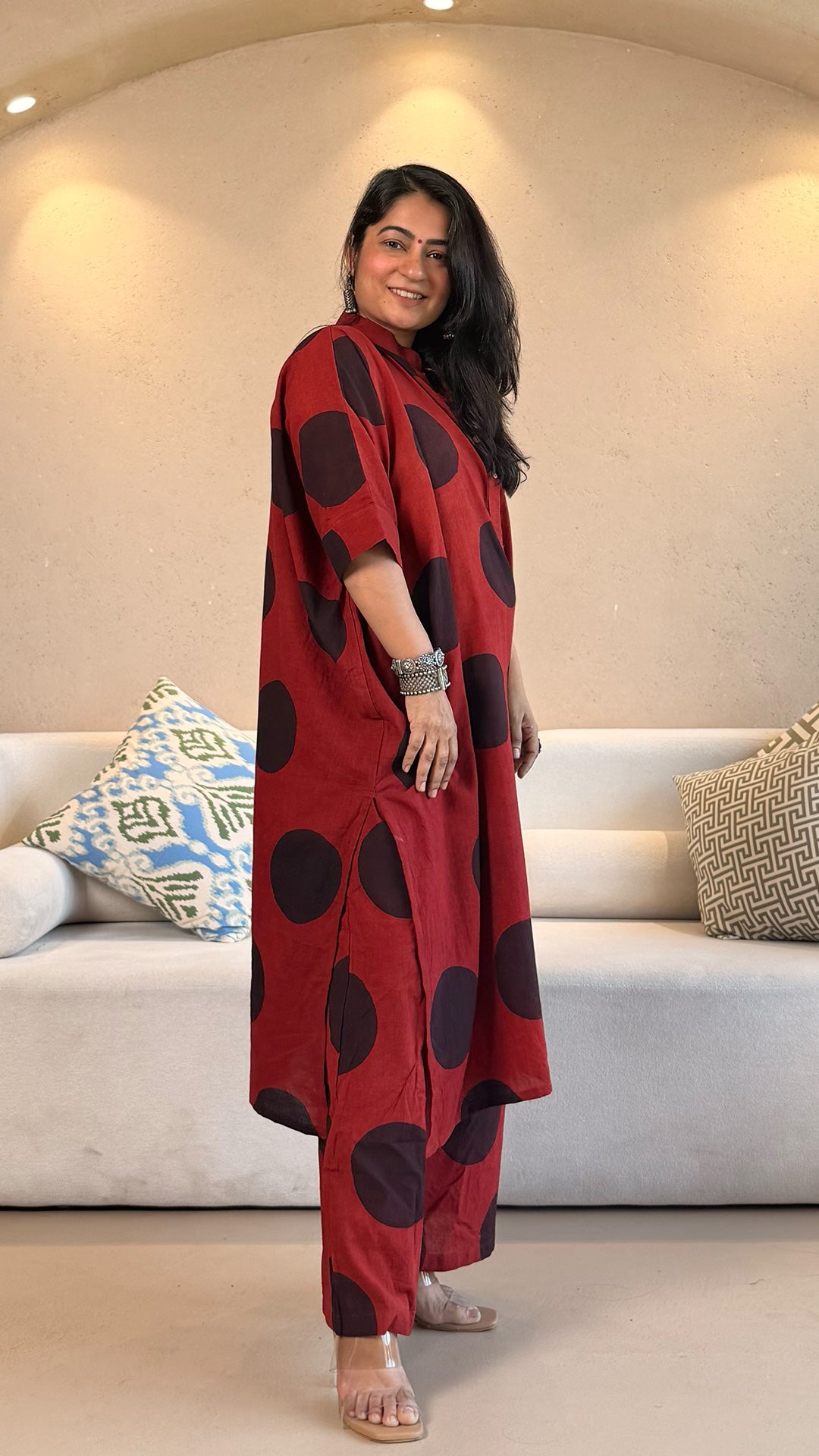 Red/Black Polka Ajrakh Cotton Kaftan Co-ord