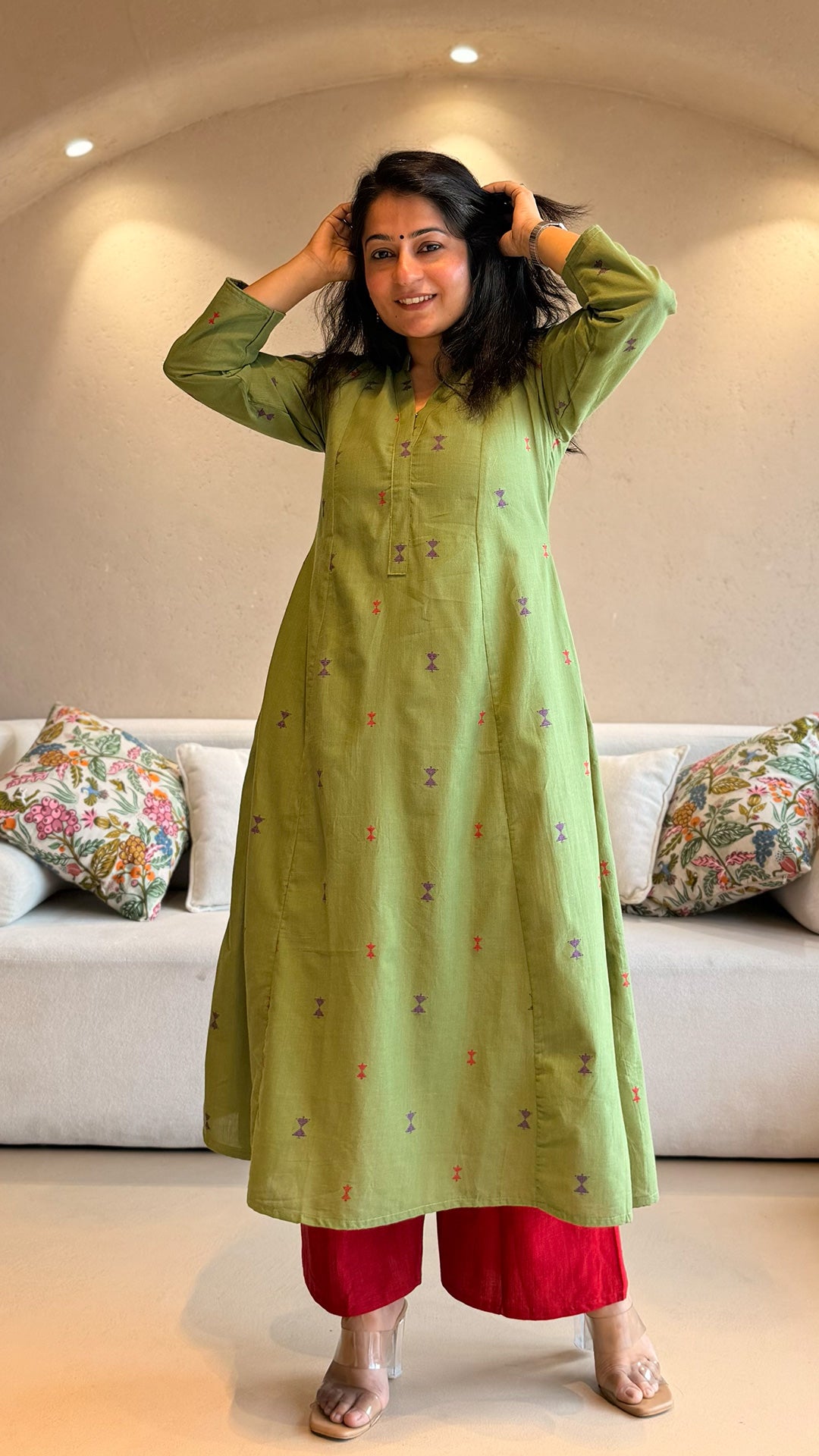 Mousam Hand Woven Kali Kurta In Cotton - Green