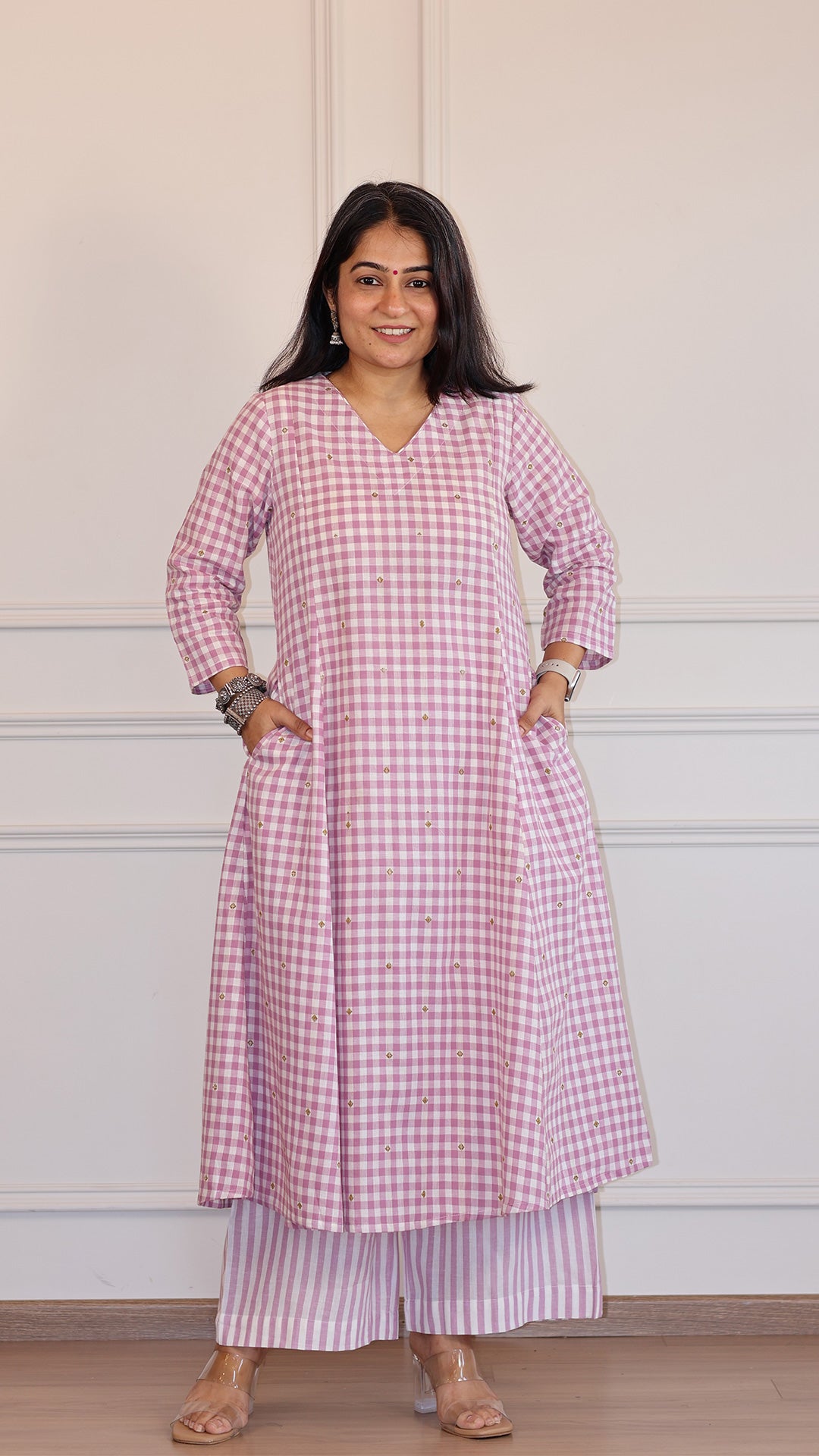 Checks and Stripes Handwoven Cotton Kurta - Lavender