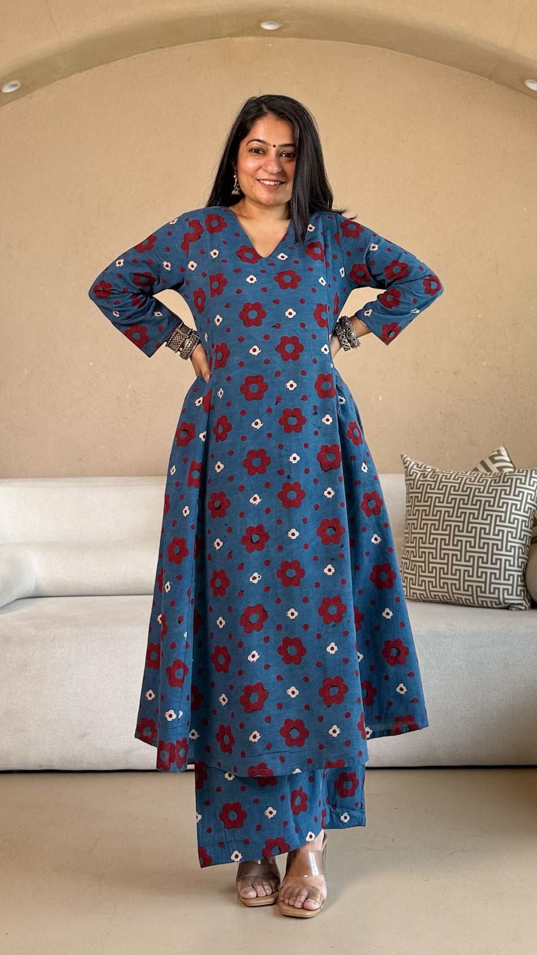 Ava Ajrakh Cotton Hand Block Kurta Set- Indigo/Red