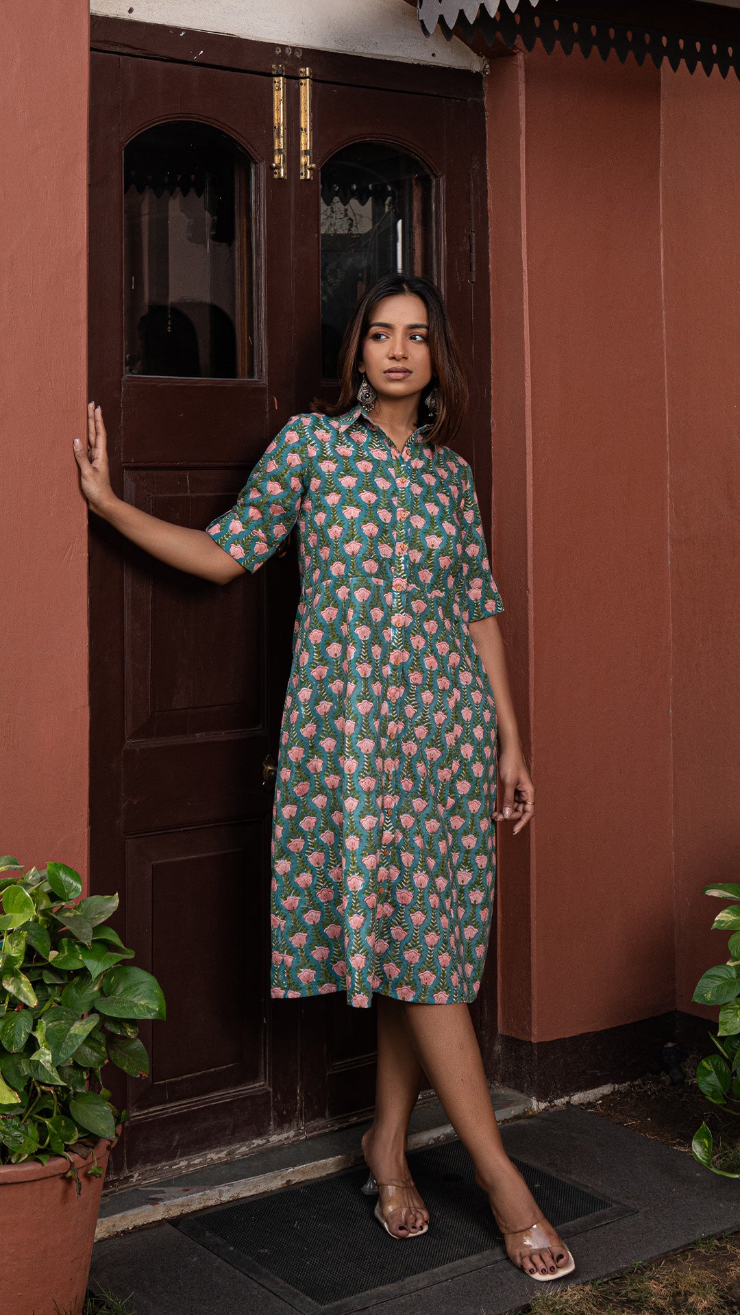 Aiman Sanganeri Hand Block Cotton Shirt Dress : Teal