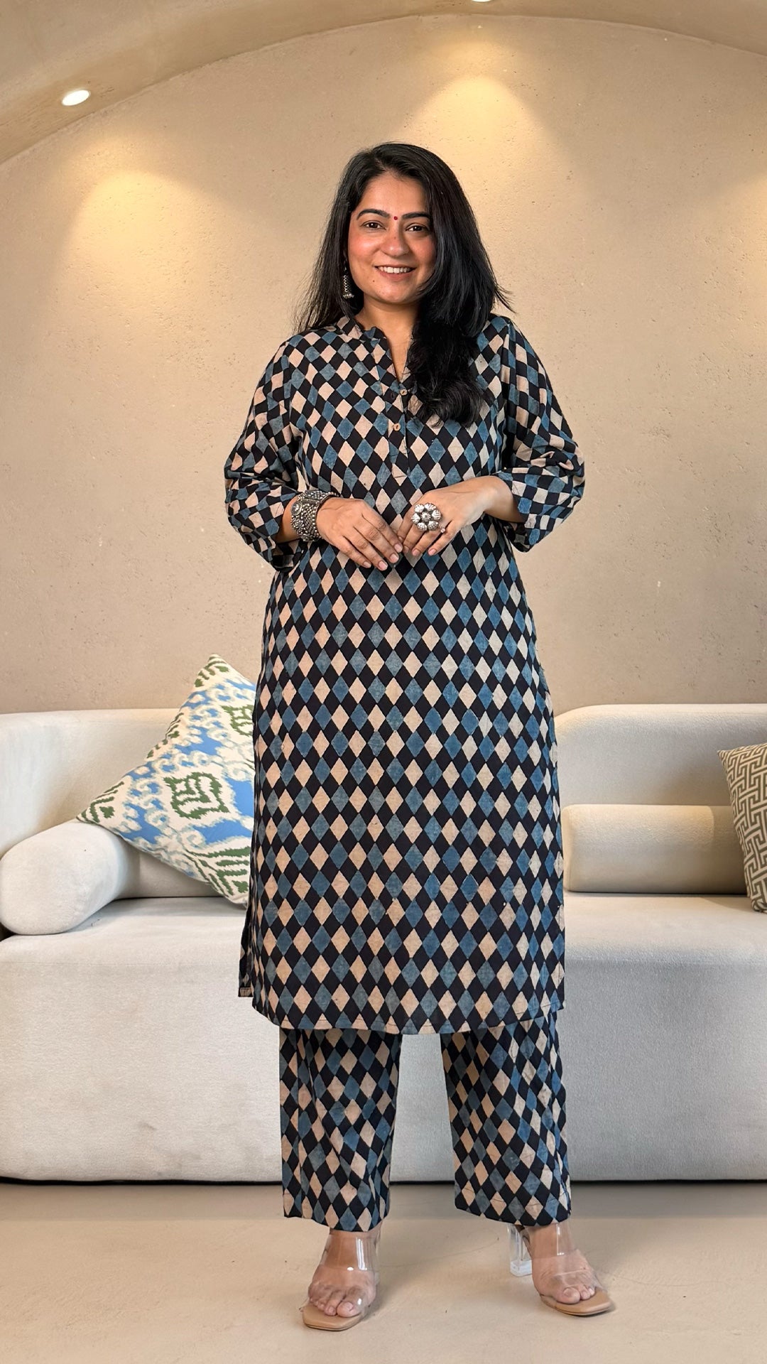 Riyaa Geometric Print Ajrakh Cotton Co-ord - Indigo/Black/White