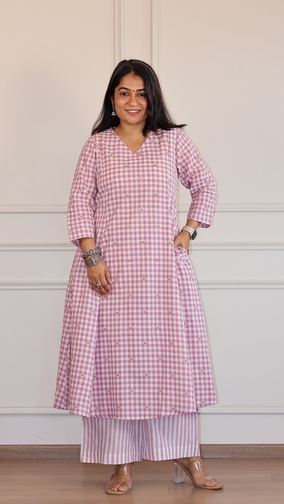 Checks and Stripes Handwoven Cotton Kurta - Lavender