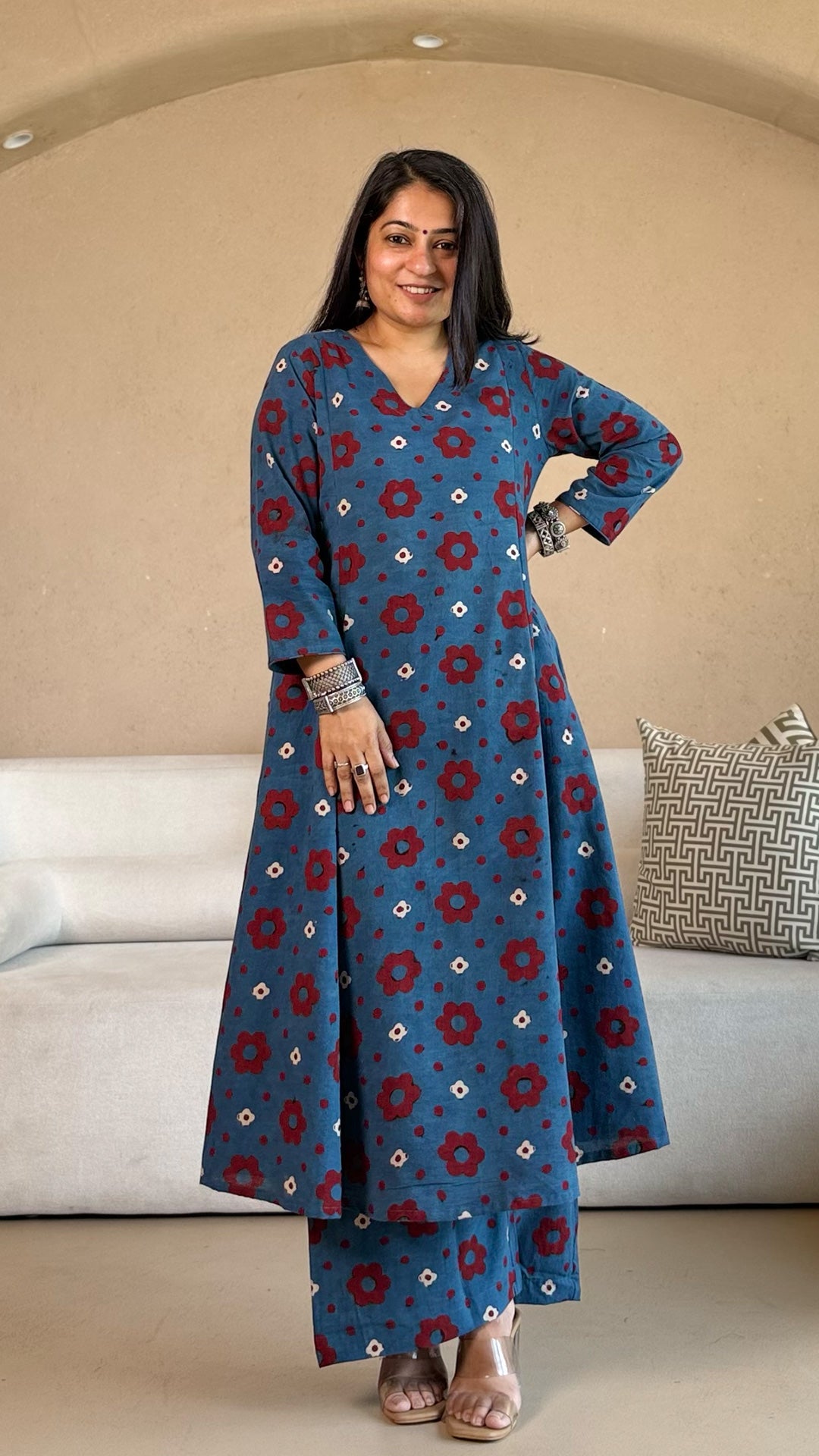 Ava Ajrakh Cotton Hand Block Kurta Set- Indigo/Red