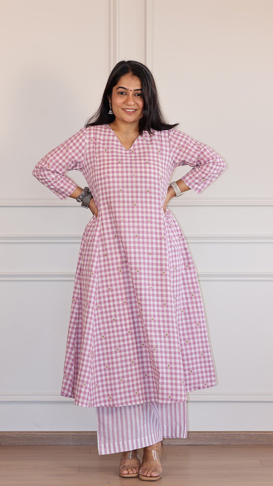 Checks and Stripes Handwoven Cotton Kurta - Lavender