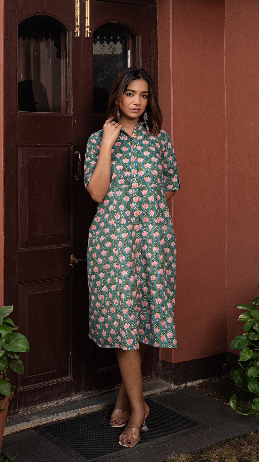 Aiman Sanganeri Hand Block Cotton Shirt Dress : Teal