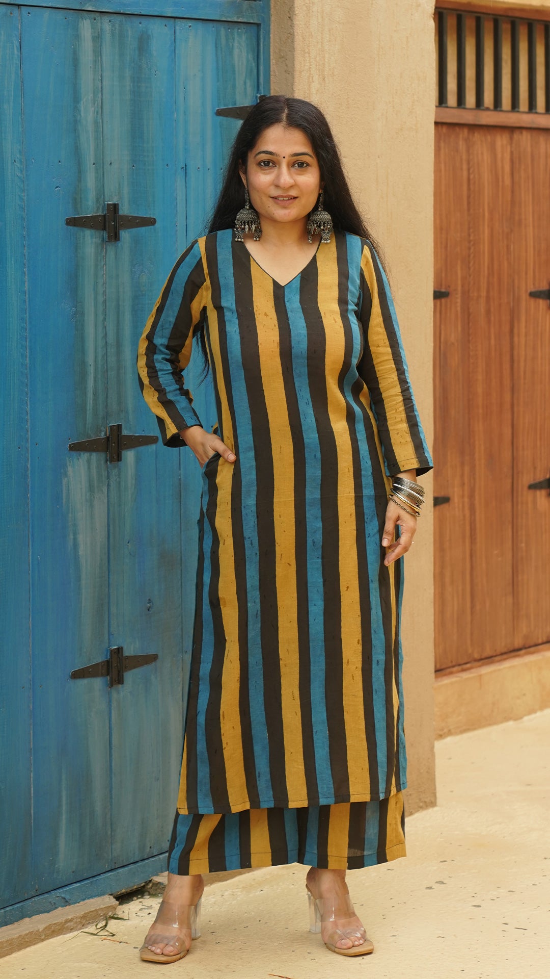 Anaisha Stripes Hand Block Cotton Kurta - Black/Blue/Mustard