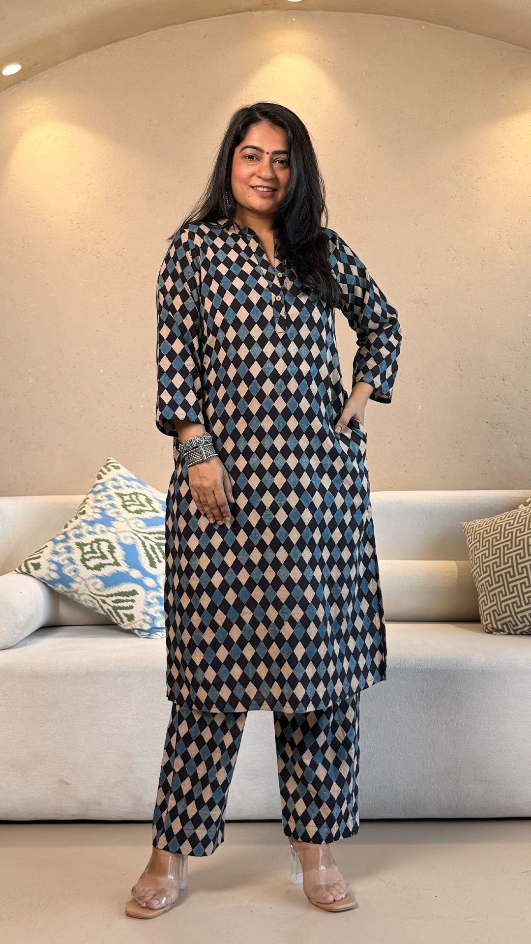 Riyaa Geometric Print Ajrakh Cotton Co-ord - Indigo/Black/White