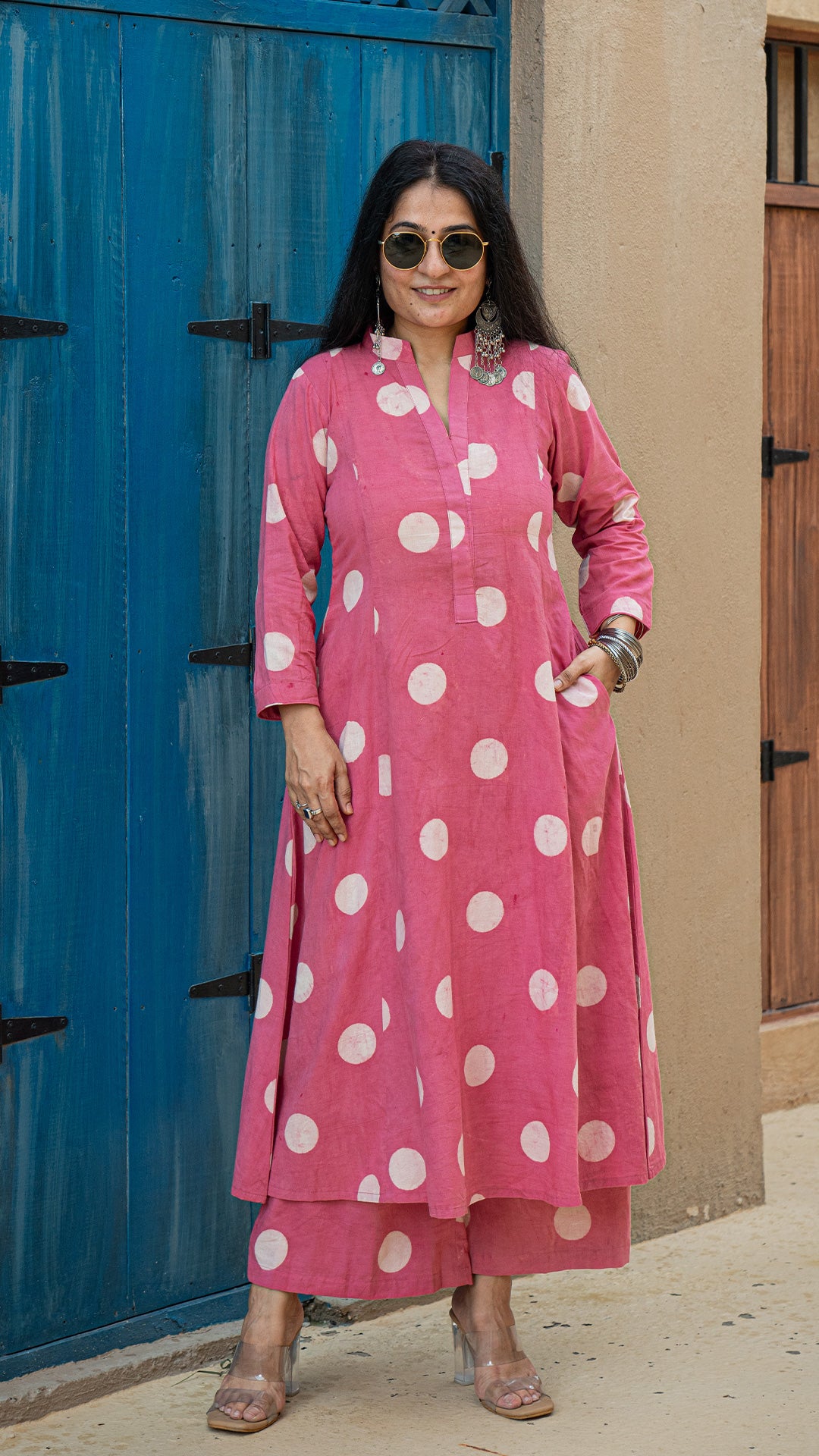 Pink Polka Dots Kali Kurta In Cotton