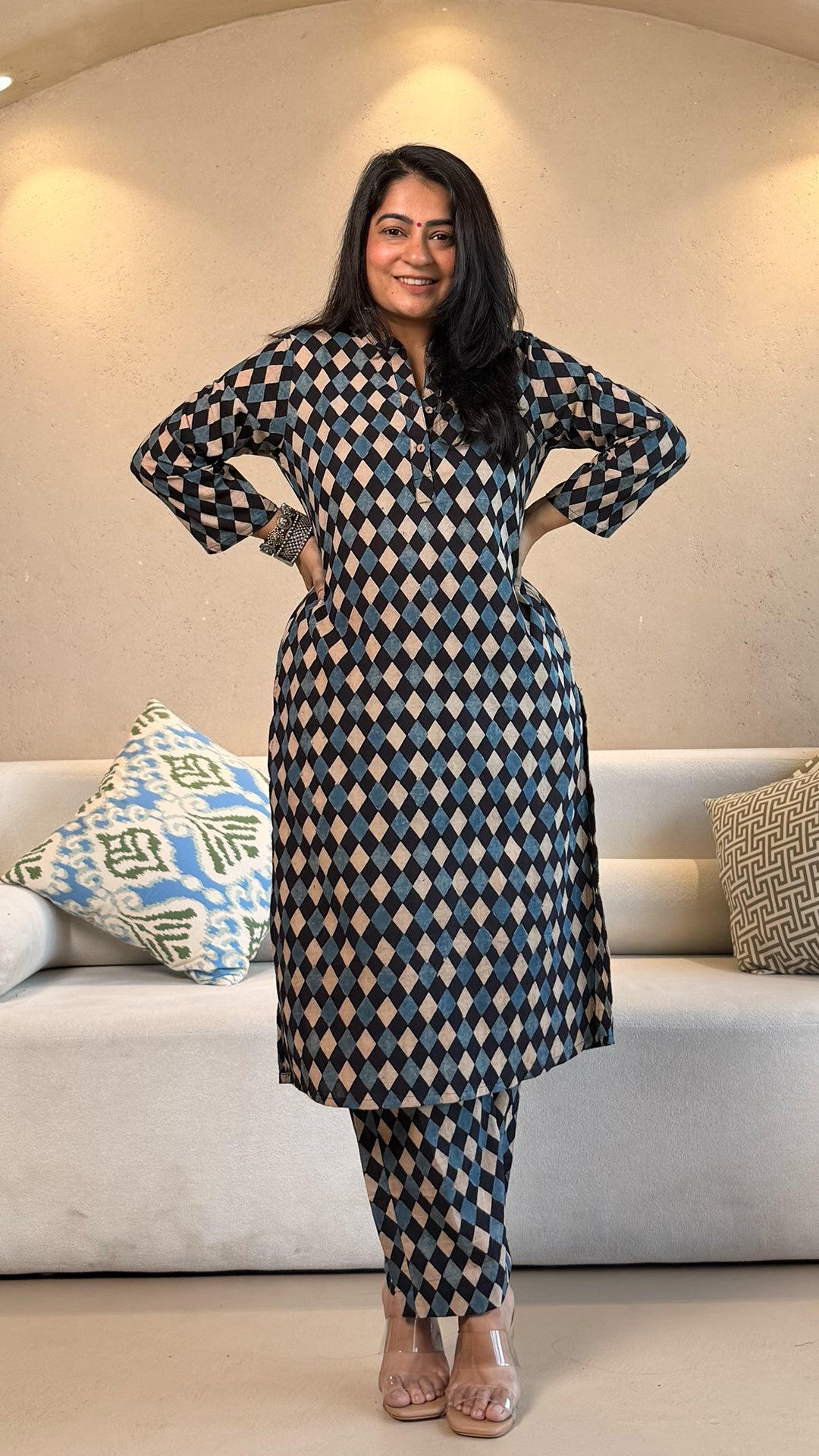 Riyaa Geometric Print Ajrakh Cotton Co-ord - Indigo/Black/White