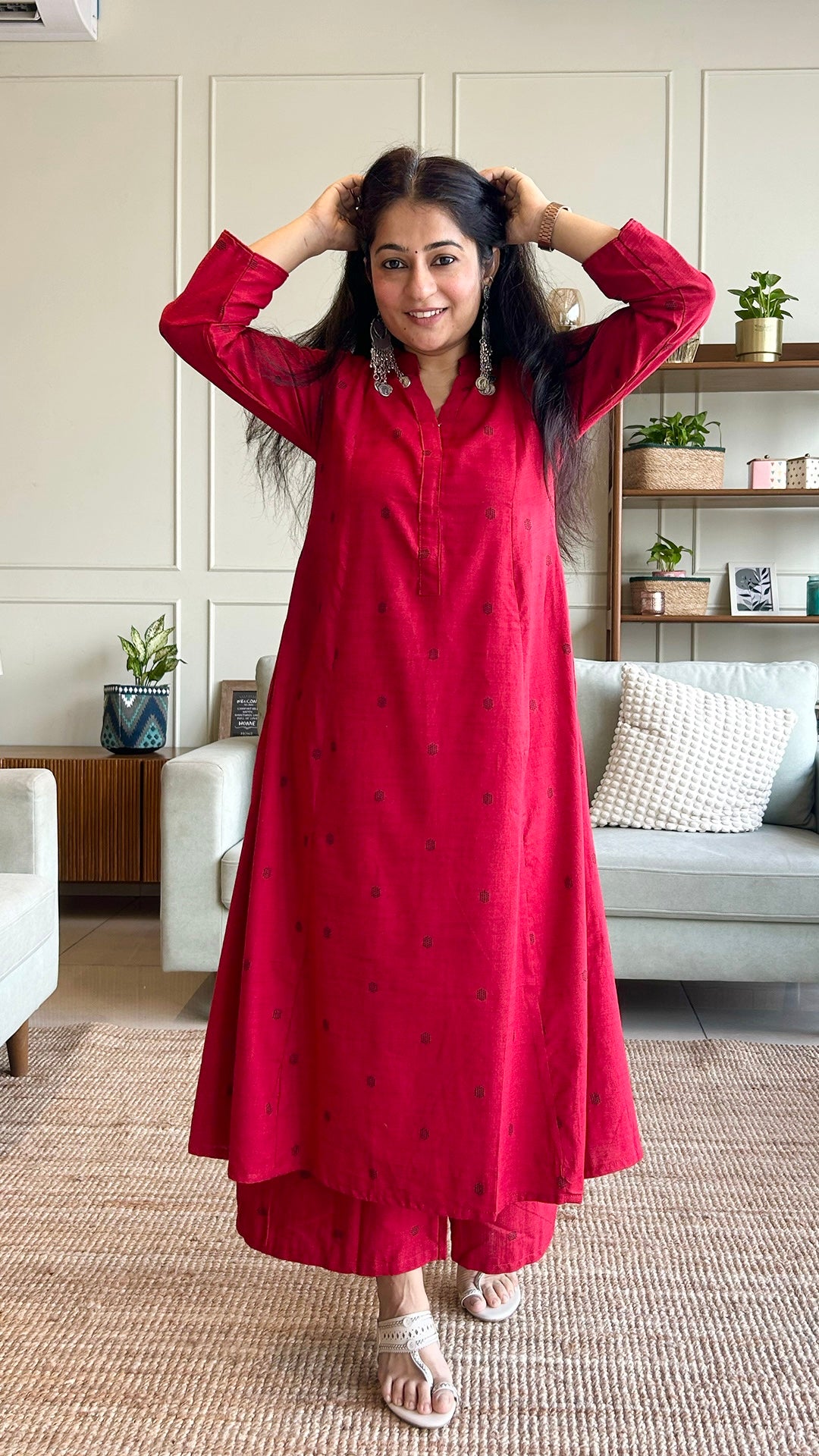 Simran Red Hand Woven Kali Cotton Kurta