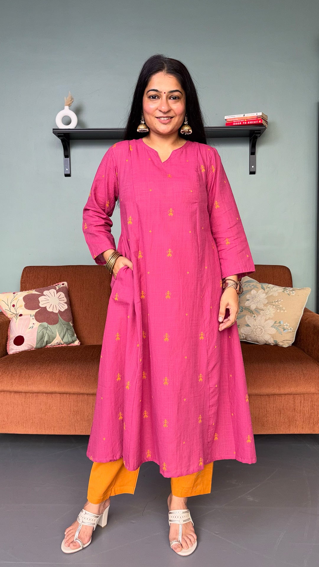 Sonam Pink Hand Woven Kali Cotton Kurta
