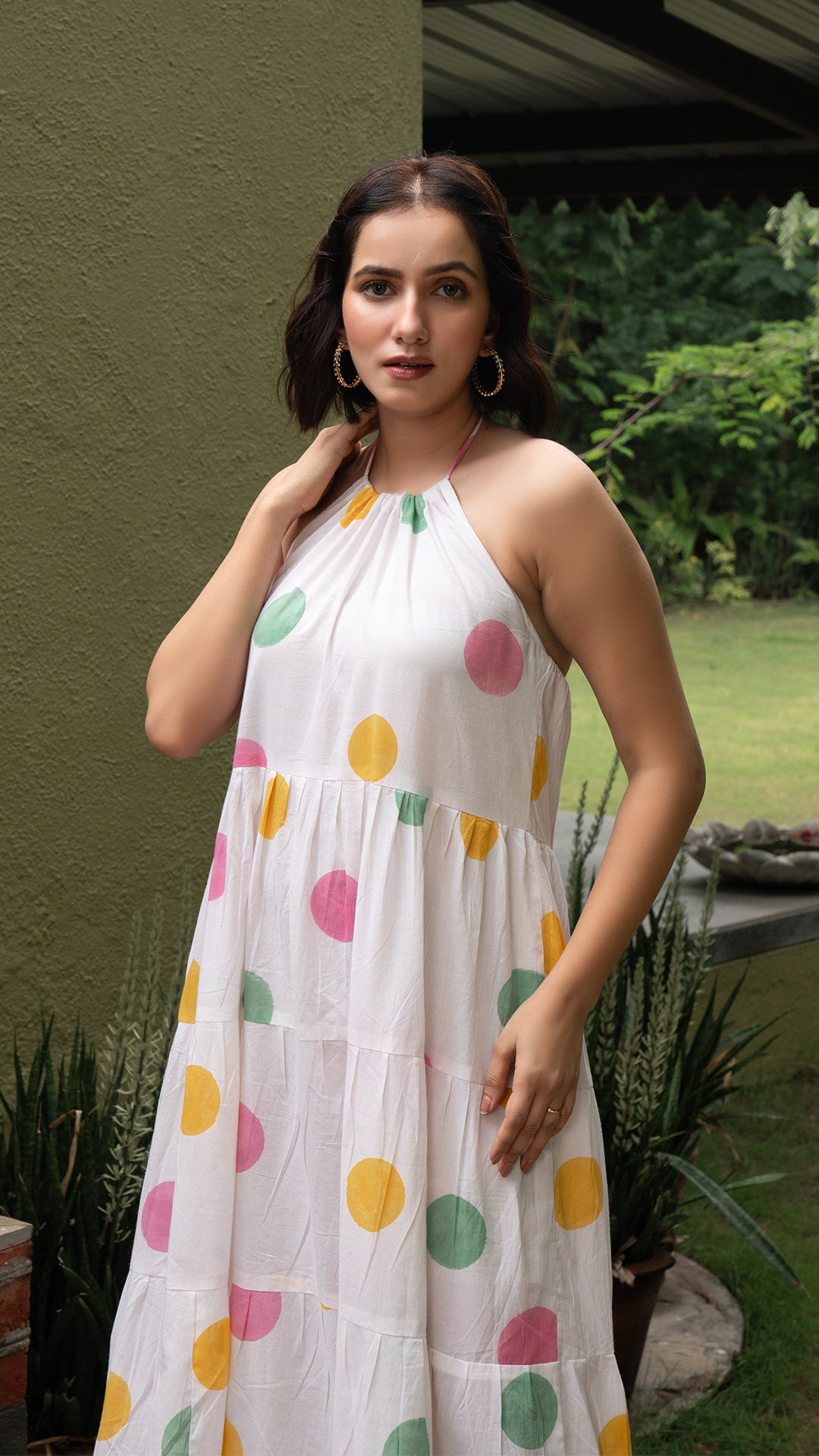 Multi Colour Polka Dots Layered Open Back Cotton Dress