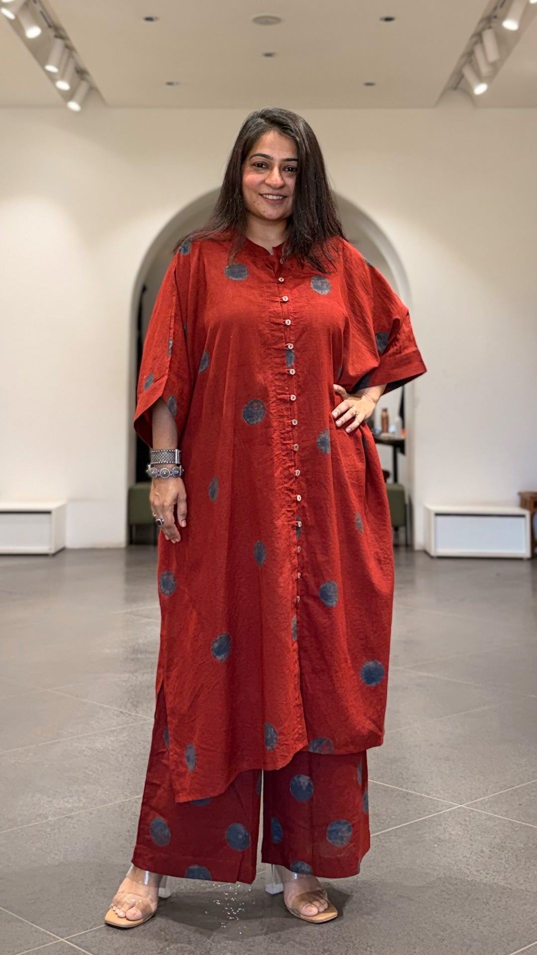 Daphane Ajrakh Cotton Kaftan Co-ord - Red/Blue Polka Dots