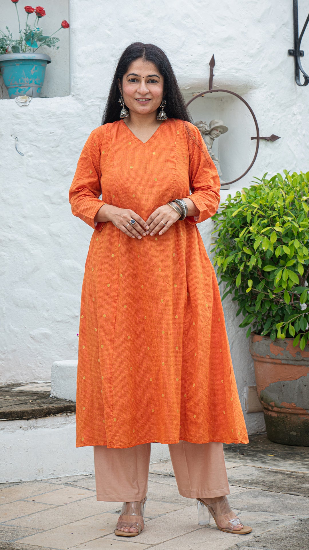 Urja Hand Woven Golden Zari Motif Kali Cotton Kurta - Orange