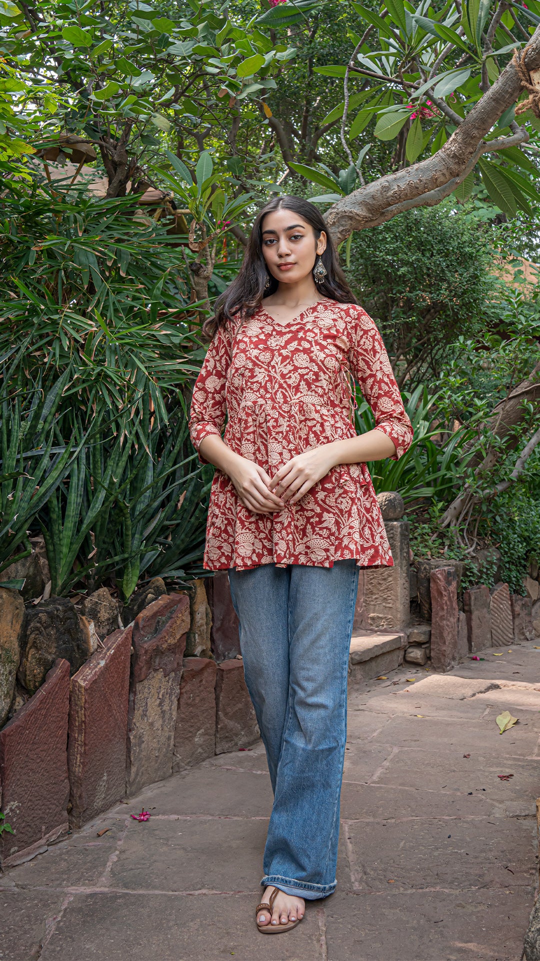 Khyati Kalamkari Hand Block Cotton Wrap Short Top - Red