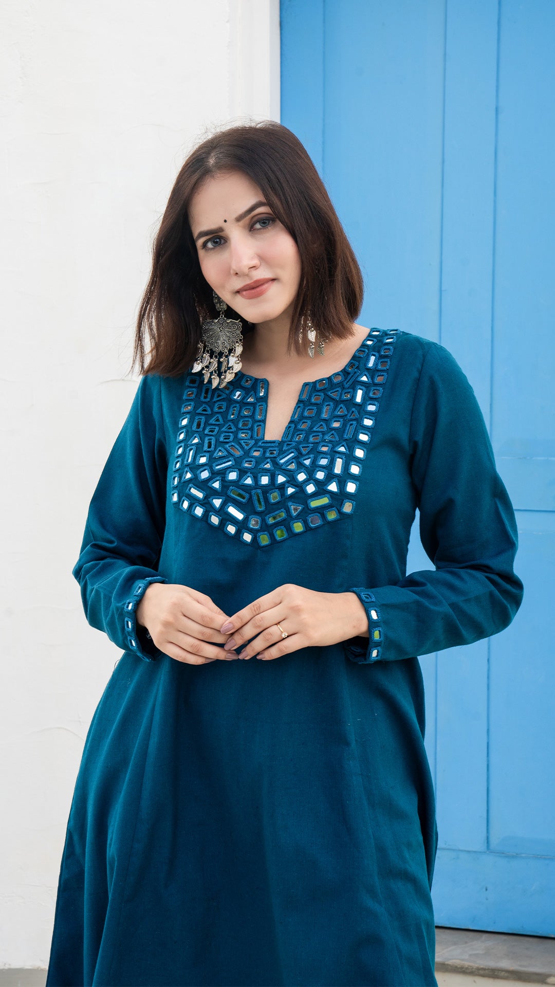 Blue Mirror Embroidered Kurta In Cotton