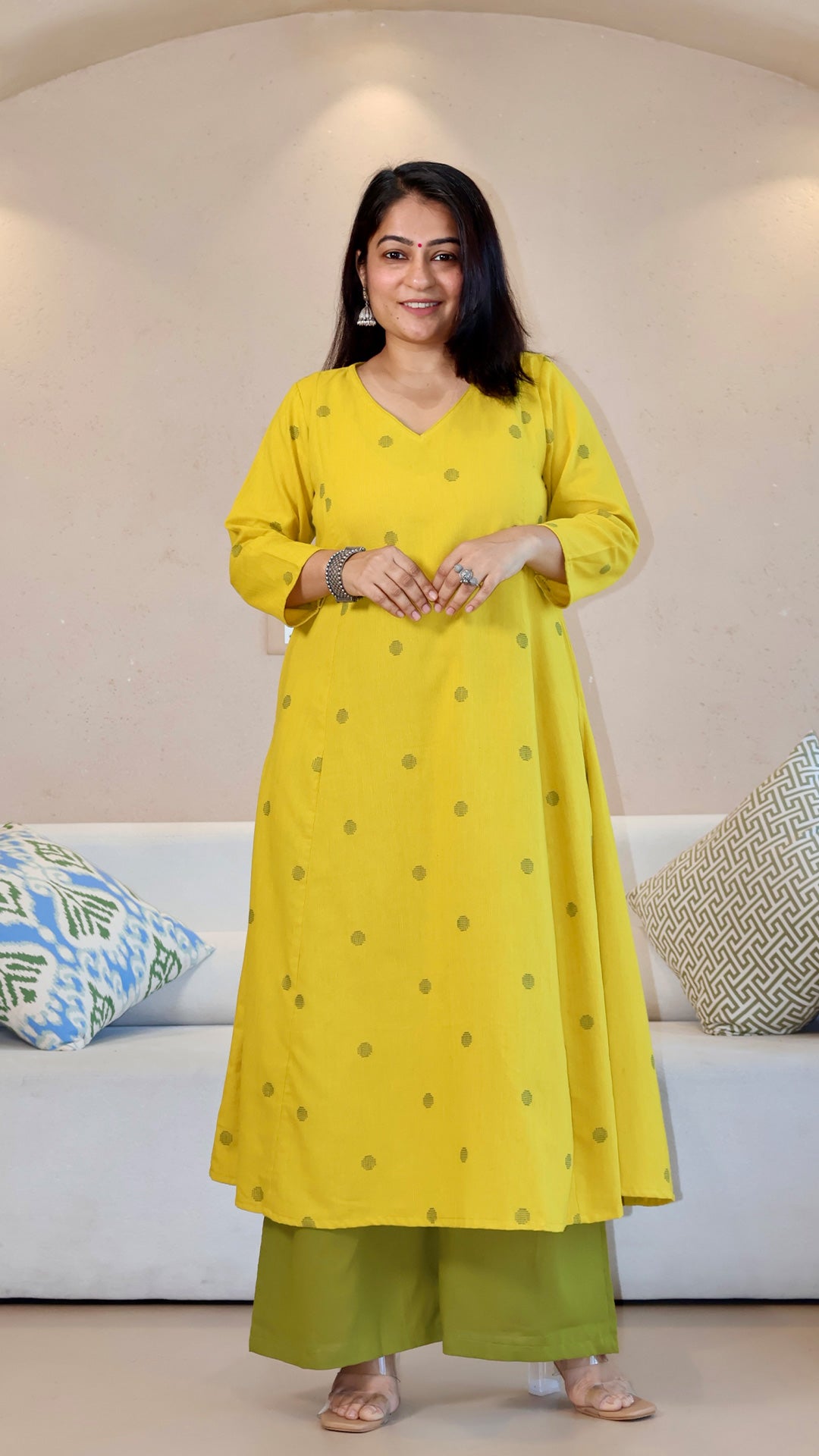 Yellow Dots Motif Handwoven Cotton Kurta