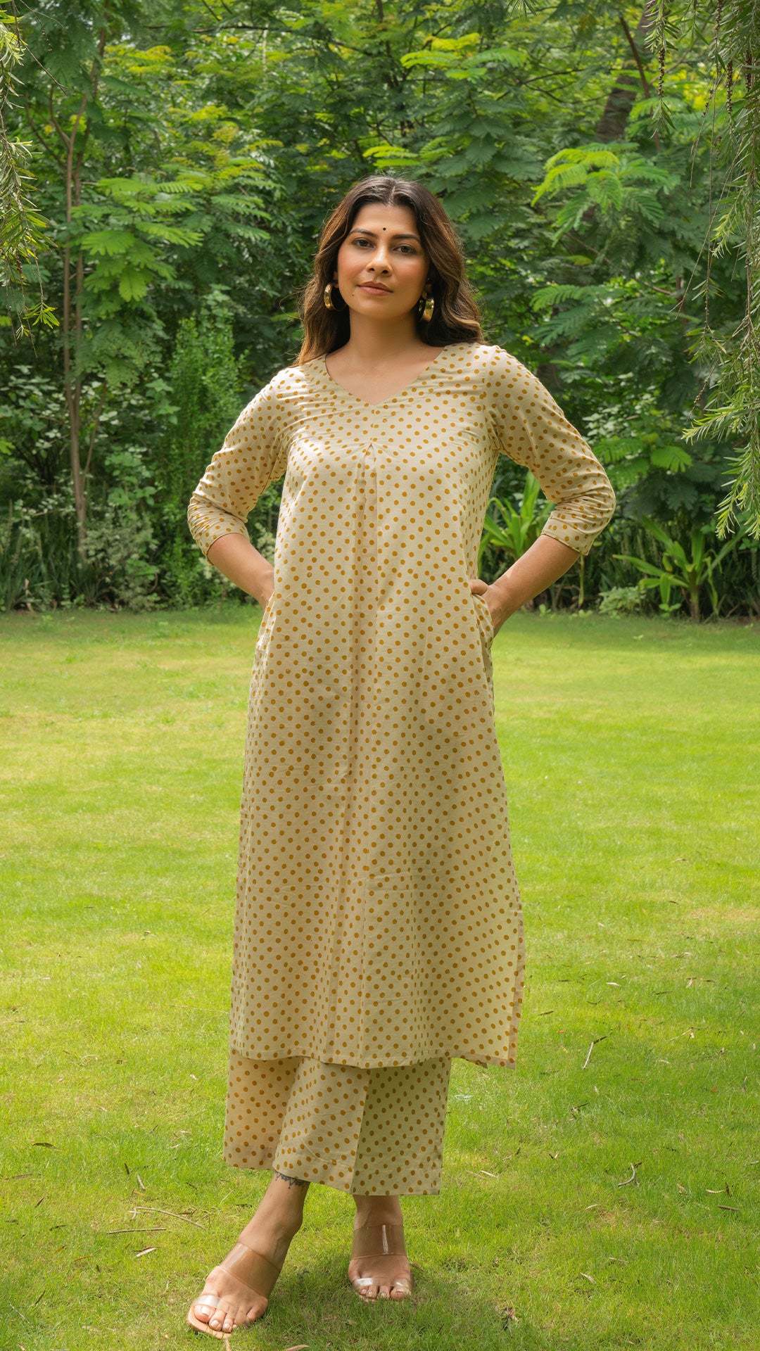 Mustard Polka Dots Hand Block Cotton Kurta