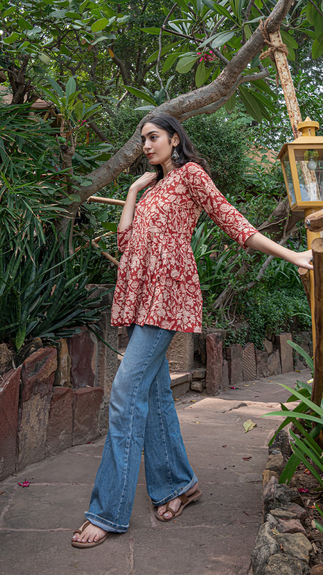 Khyati Kalamkari Hand Block Cotton Wrap Short Top - Red