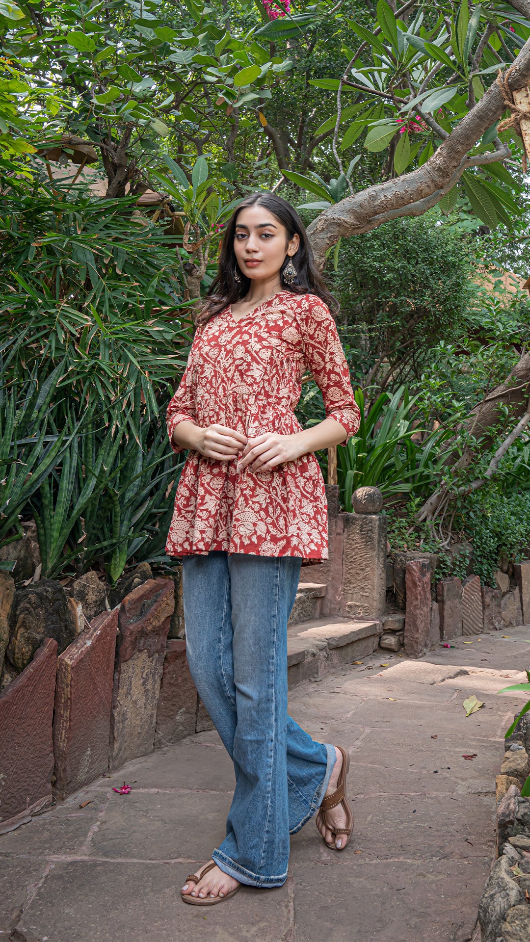 Khyati Kalamkari Hand Block Cotton Wrap Short Top - Red