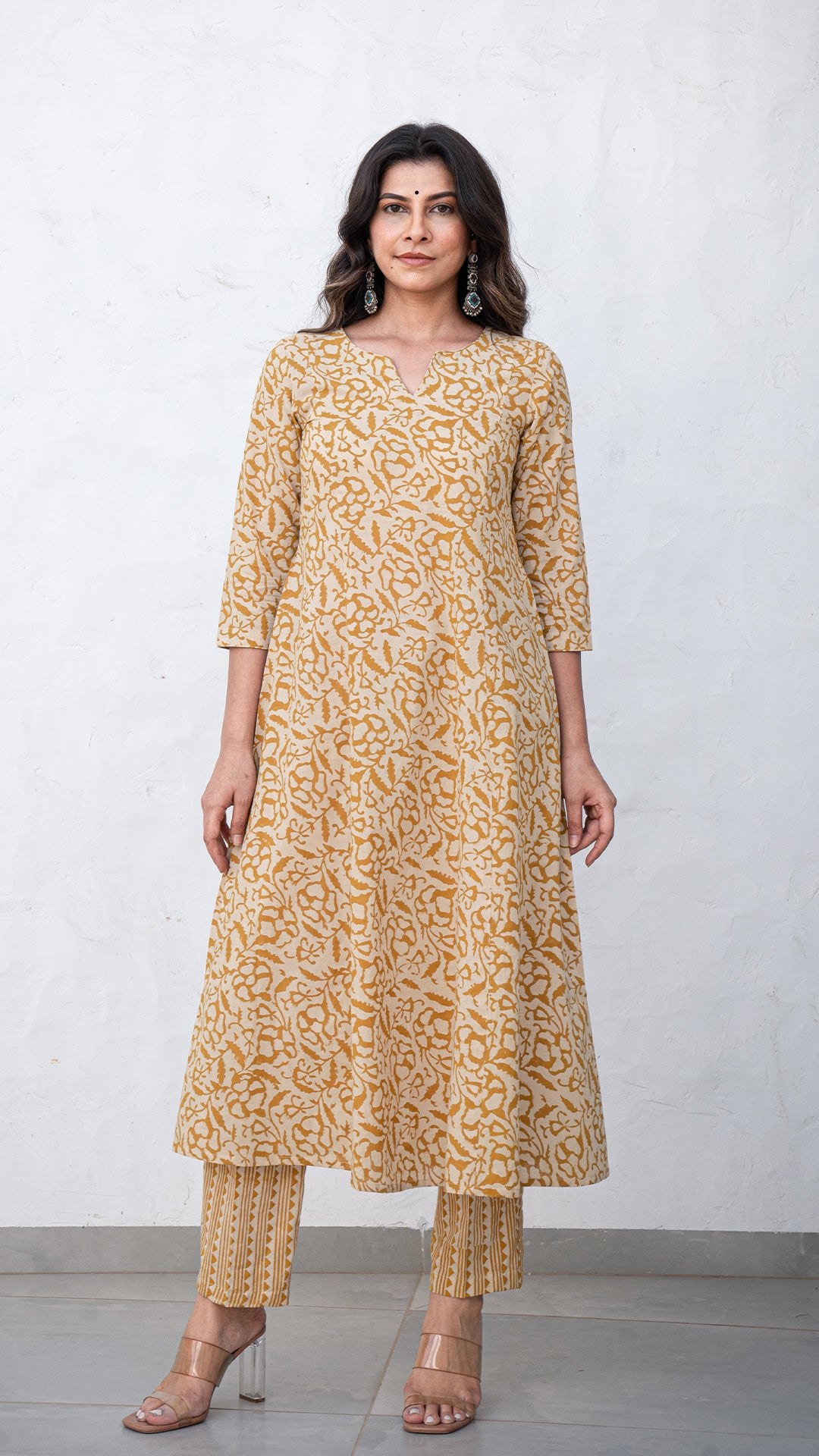 Ayra Floral Jaal Hand Block Kali Cotton Kurta - Mustard