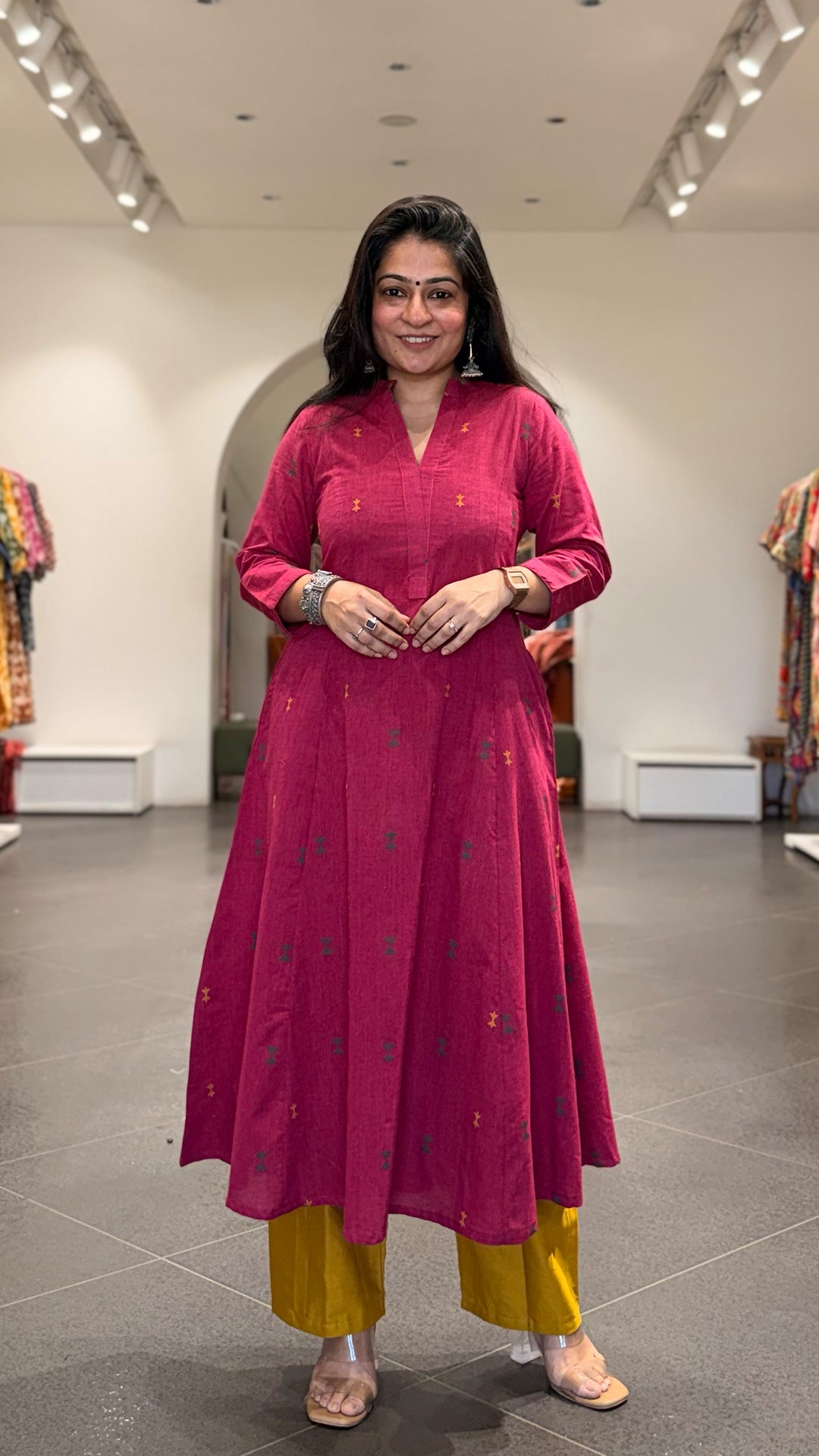 Mrunal Hand Woven Kali Kurta In Cotton - Rani Pink