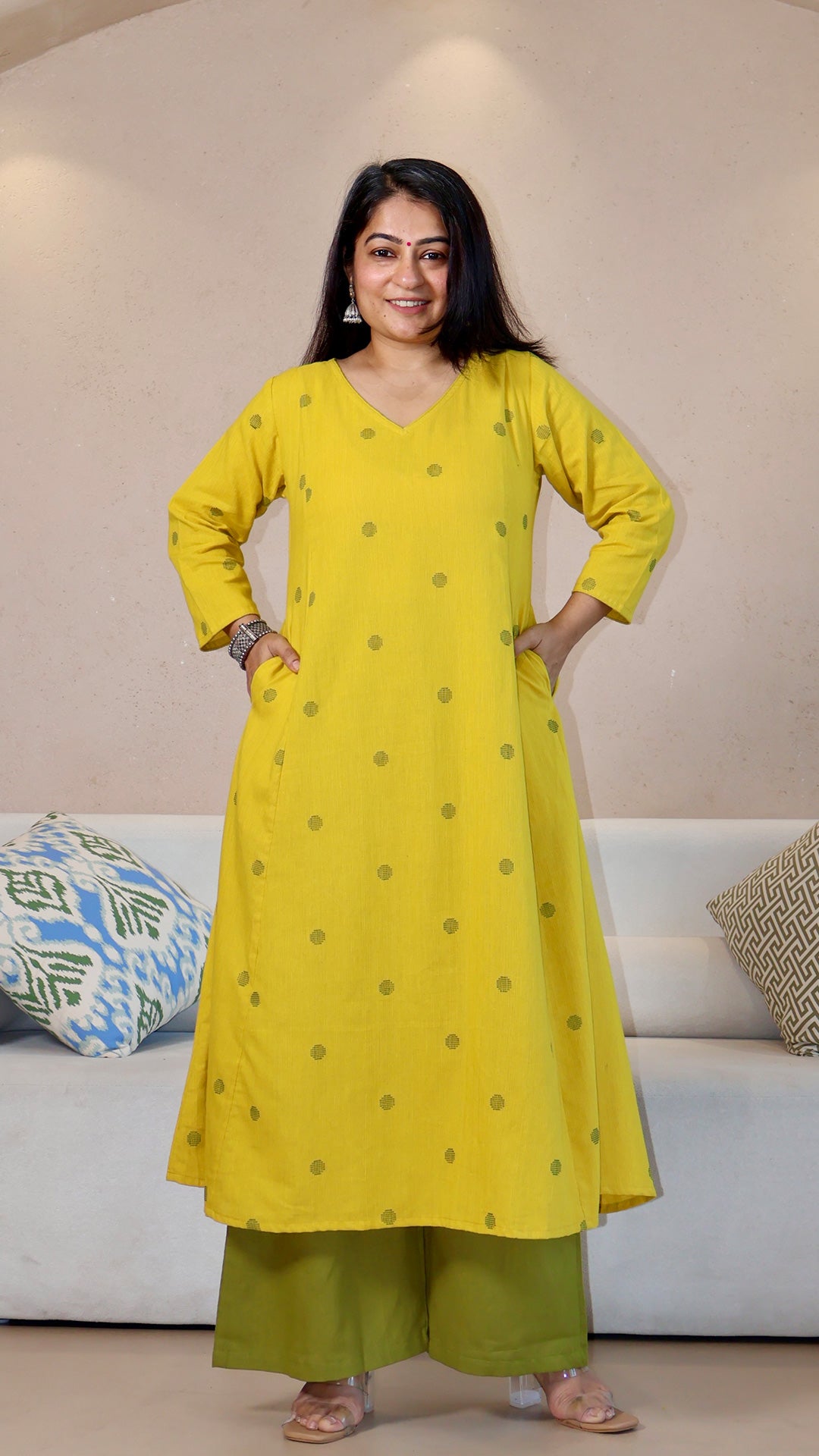 Yellow Dots Motif Handwoven Cotton Kurta