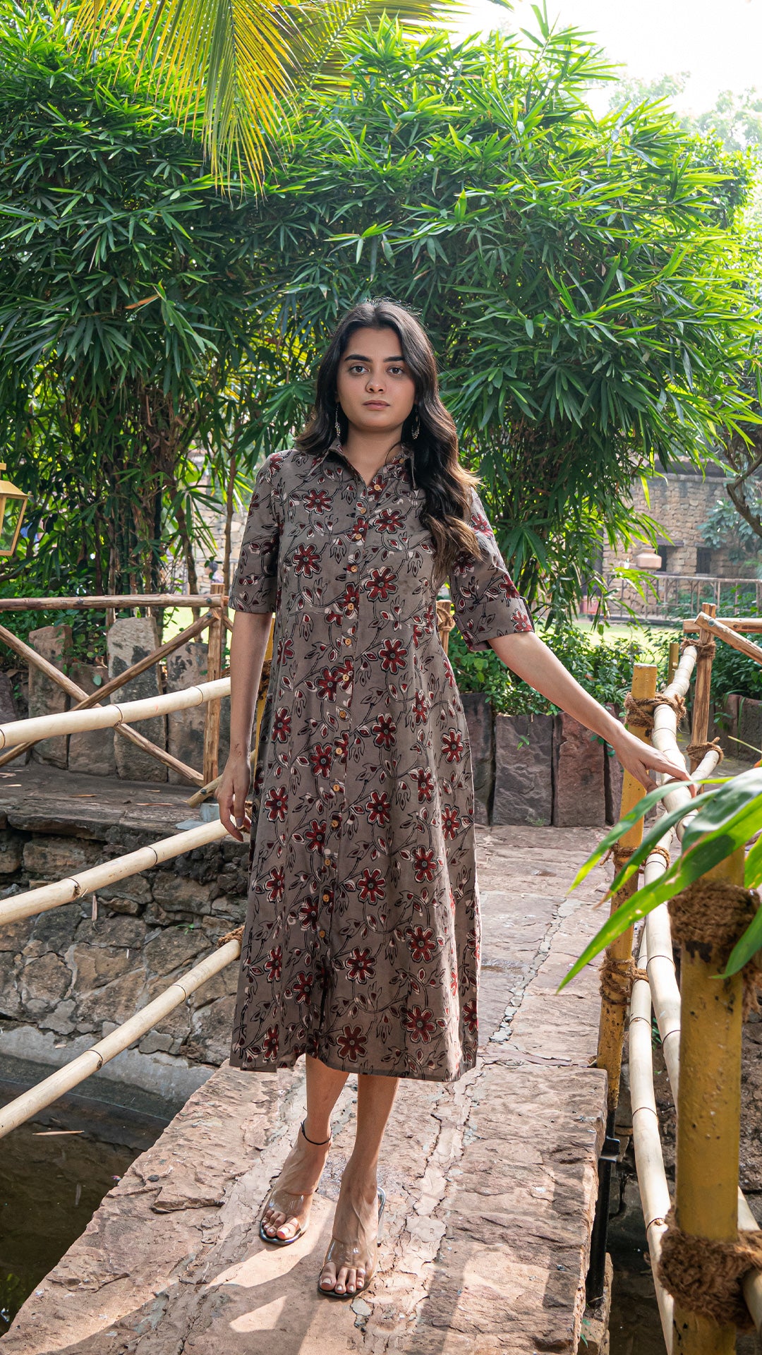 Anushka Jahota Hand Block Cotton Shirt Dress - Brown