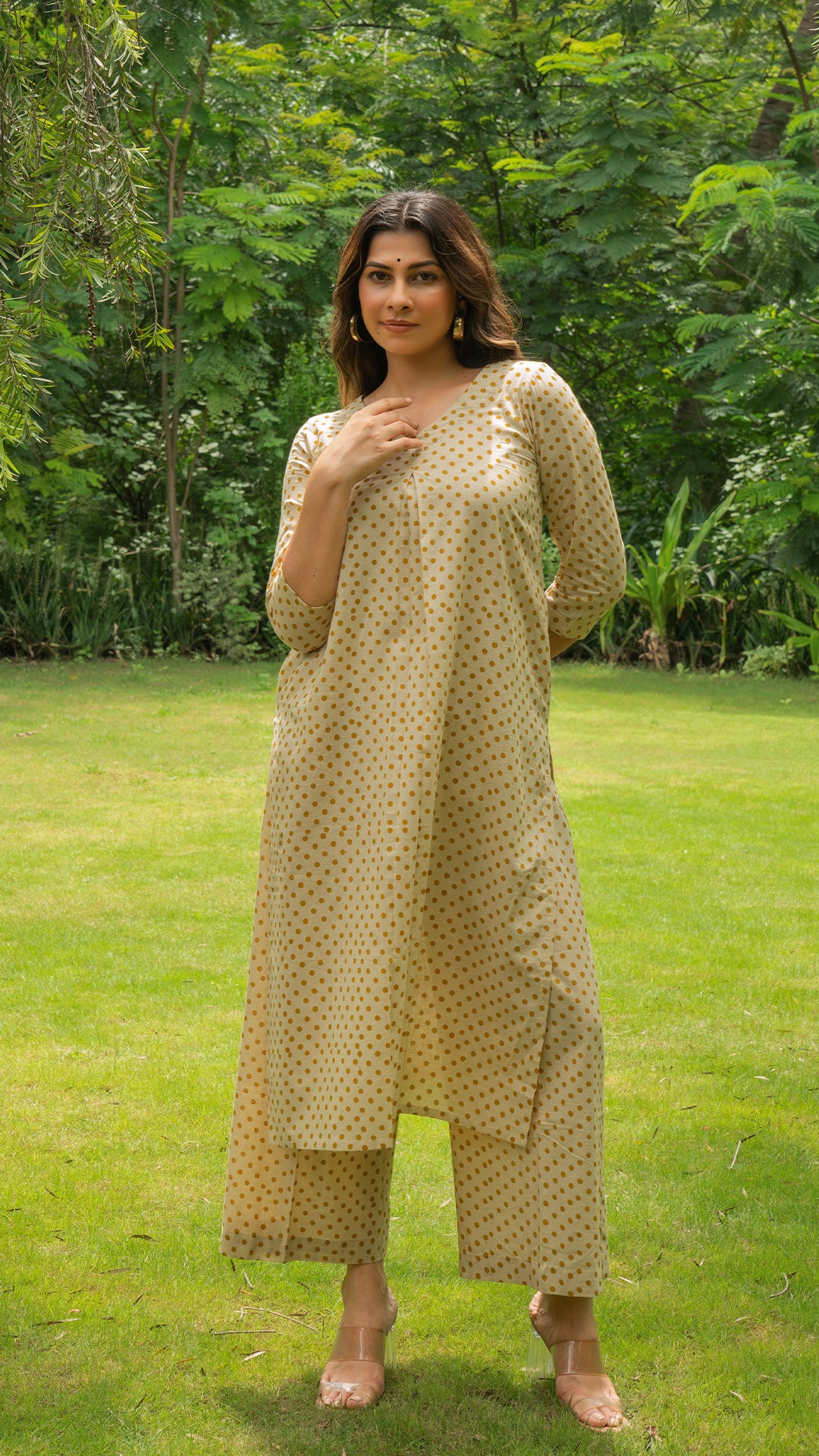 Mustard Polka Dots Hand Block Cotton Kurta