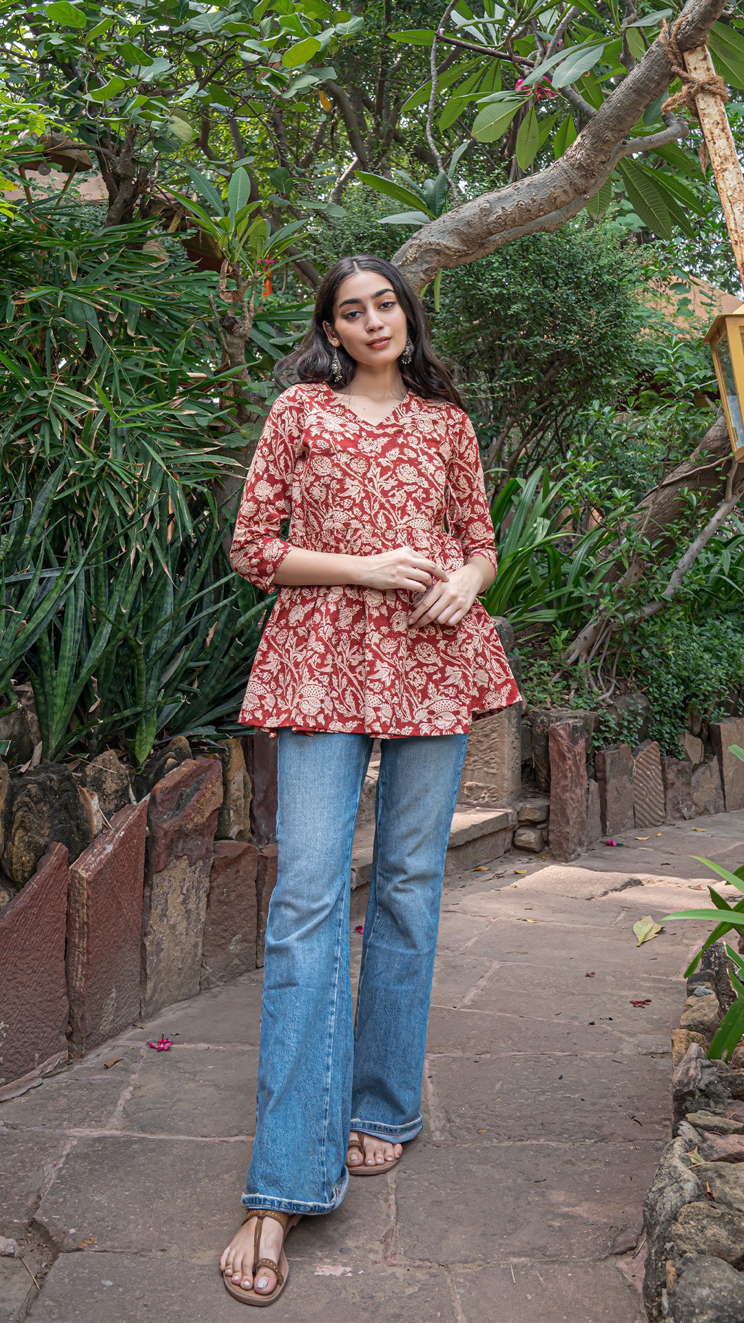 Khyati Kalamkari Hand Block Cotton Wrap Short Top - Red