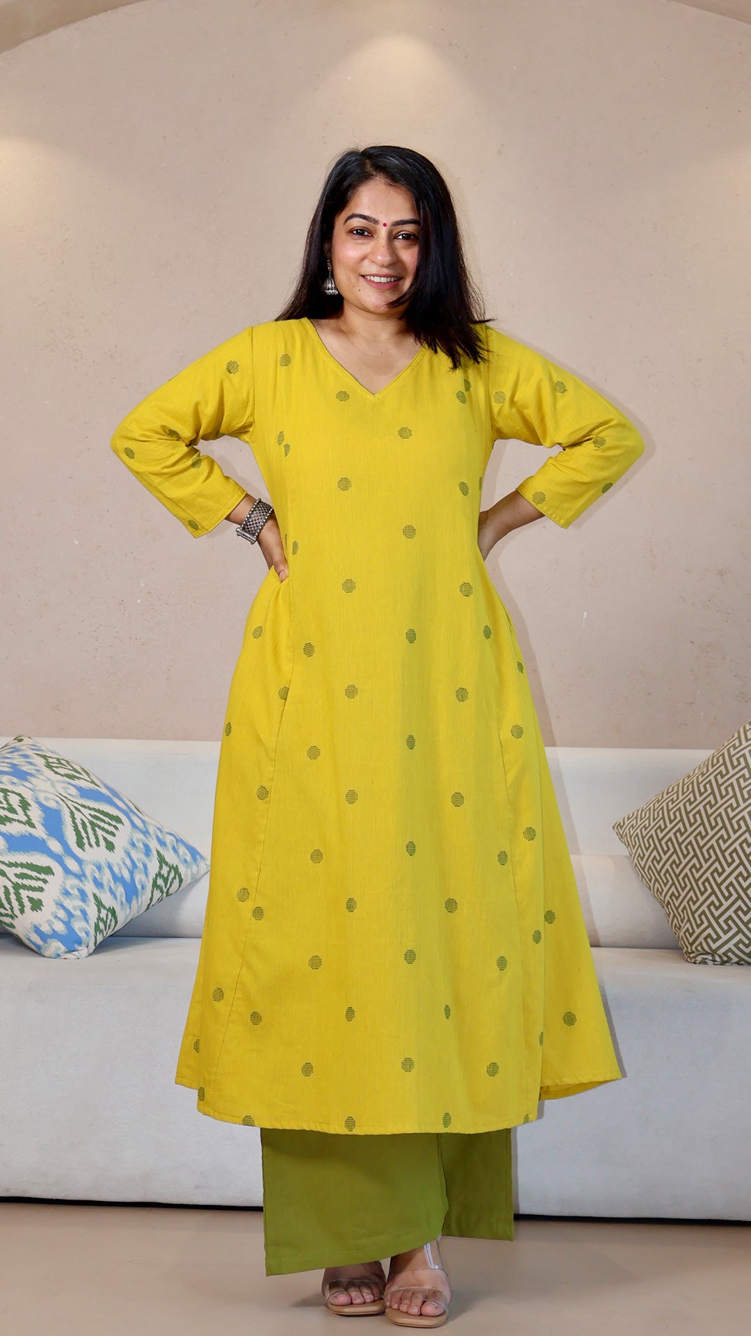 Yellow Dots Motif Handwoven Cotton Kurta